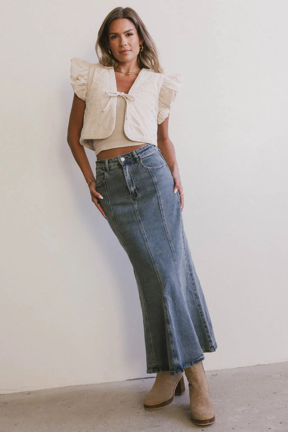 Azzy Denim Mermaid Skirt for Women - High Waisted Stretchy Bodycon Maxi Skirt - Vintage Blue Denim Fashion (Final Sale) | Perfect for Parties, Date Nights & Summer Outfits