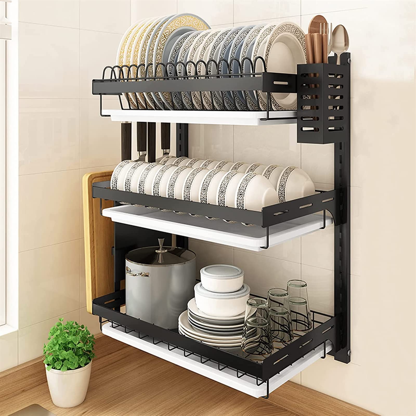 Stainless Steel 2-Tier Wall Mounted Dish Drainer Rack - Space Saving Kitchen Organizer for Utensils, Bowls & Cutlery Drying (38.8x55.5cm) - Perfect for Small Kitchens, Apartments & RVs