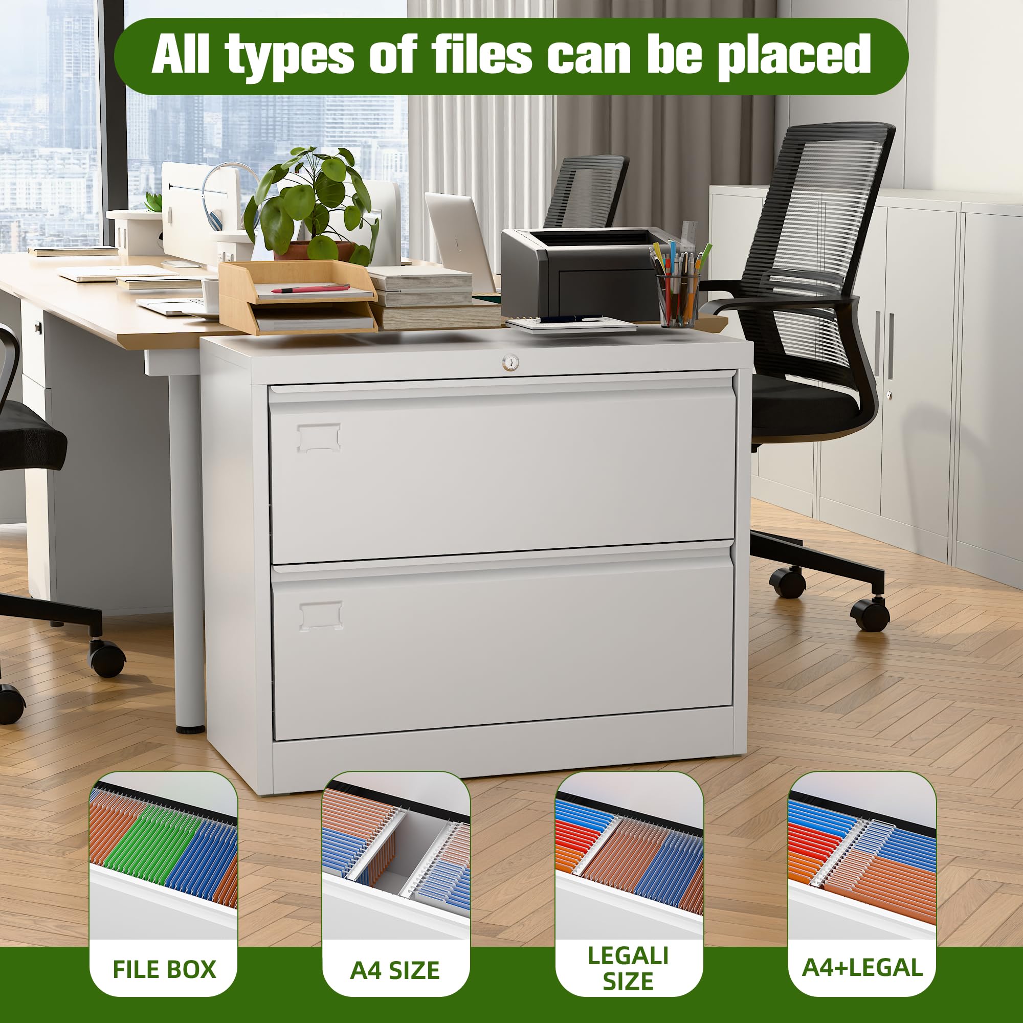 Aobabo 2-Drawer Lateral File Cabinet - Lockable Metal Filing Cabinet for Letter/Legal/F4/A4 Size Documents - Perfect for Home Office, School & Workspace Organization - White (Assembly Required)