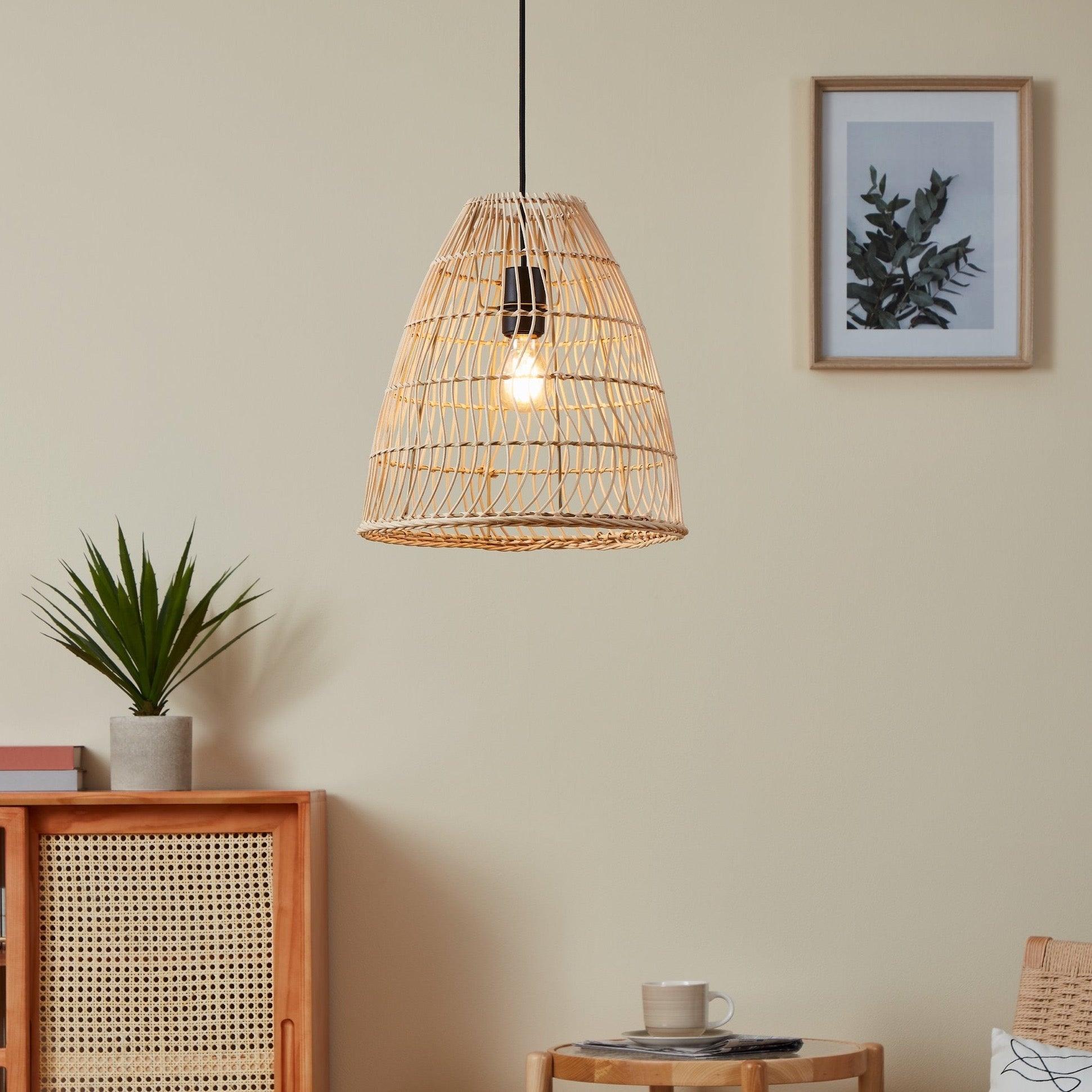 Eglo Ayesgarth Black & Rattan Wicker Lamp Shade Ceiling Pendant Light Fixture - Modern Farmhouse Lighting for Dining Room, Kitchen Island, or Bedroom
