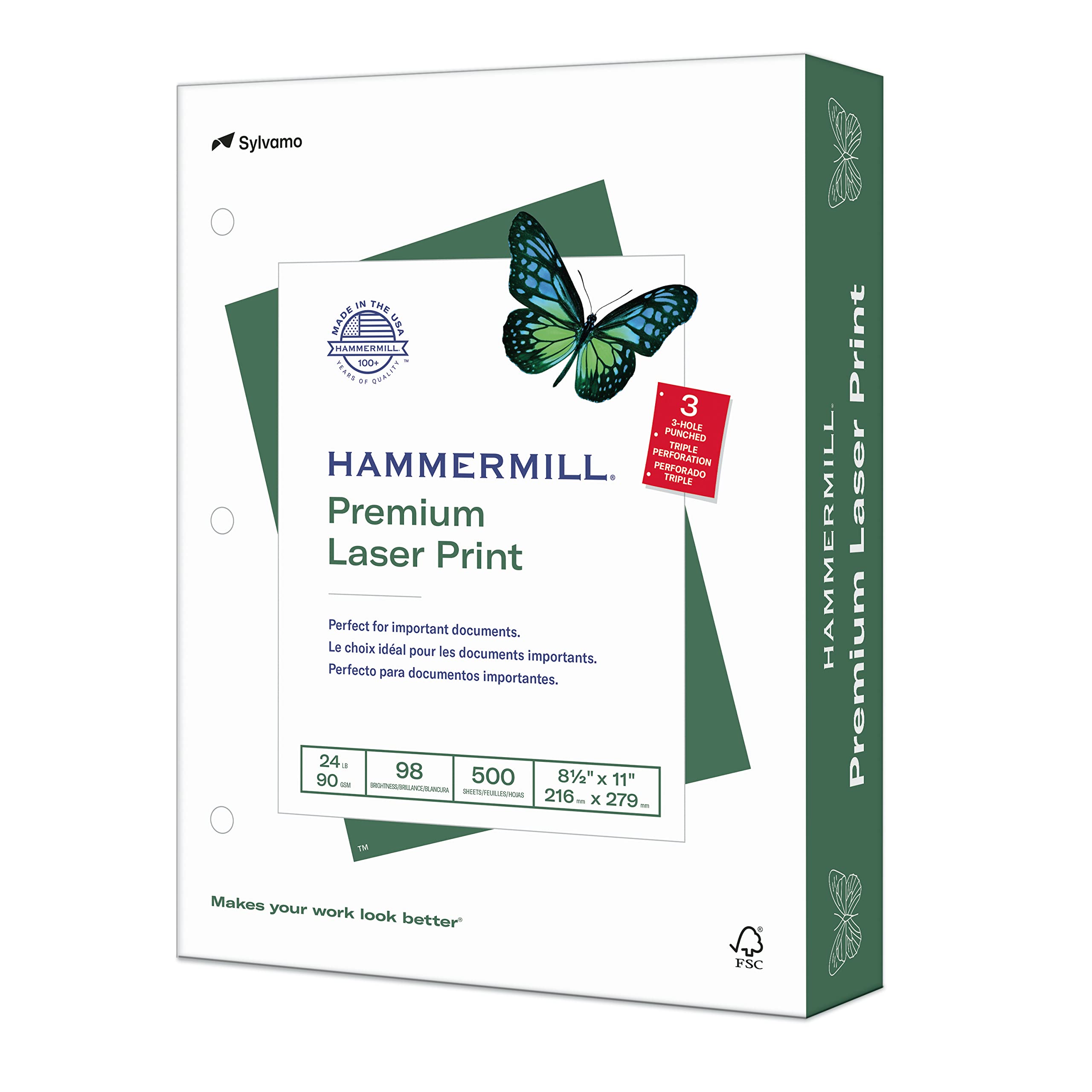 Hammermill Premium Laser Printer Paper 8.5 x 11 Letter Size - 24lb, 98 Brightness, 3-Hole Punched, 500 Sheets/Ream (107681R) - Ideal for Office Documents, School Projects & Professional Printing