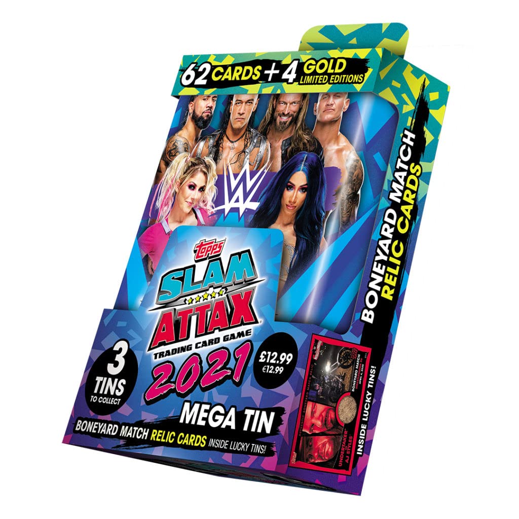 2021 Topps WWE Slam Attax Trading Cards Mega Tin - 62 Cards + 4 Limited Edition Cards | Collectible Card Game for WWE Fans, Perfect for Battles, Trading & Display
