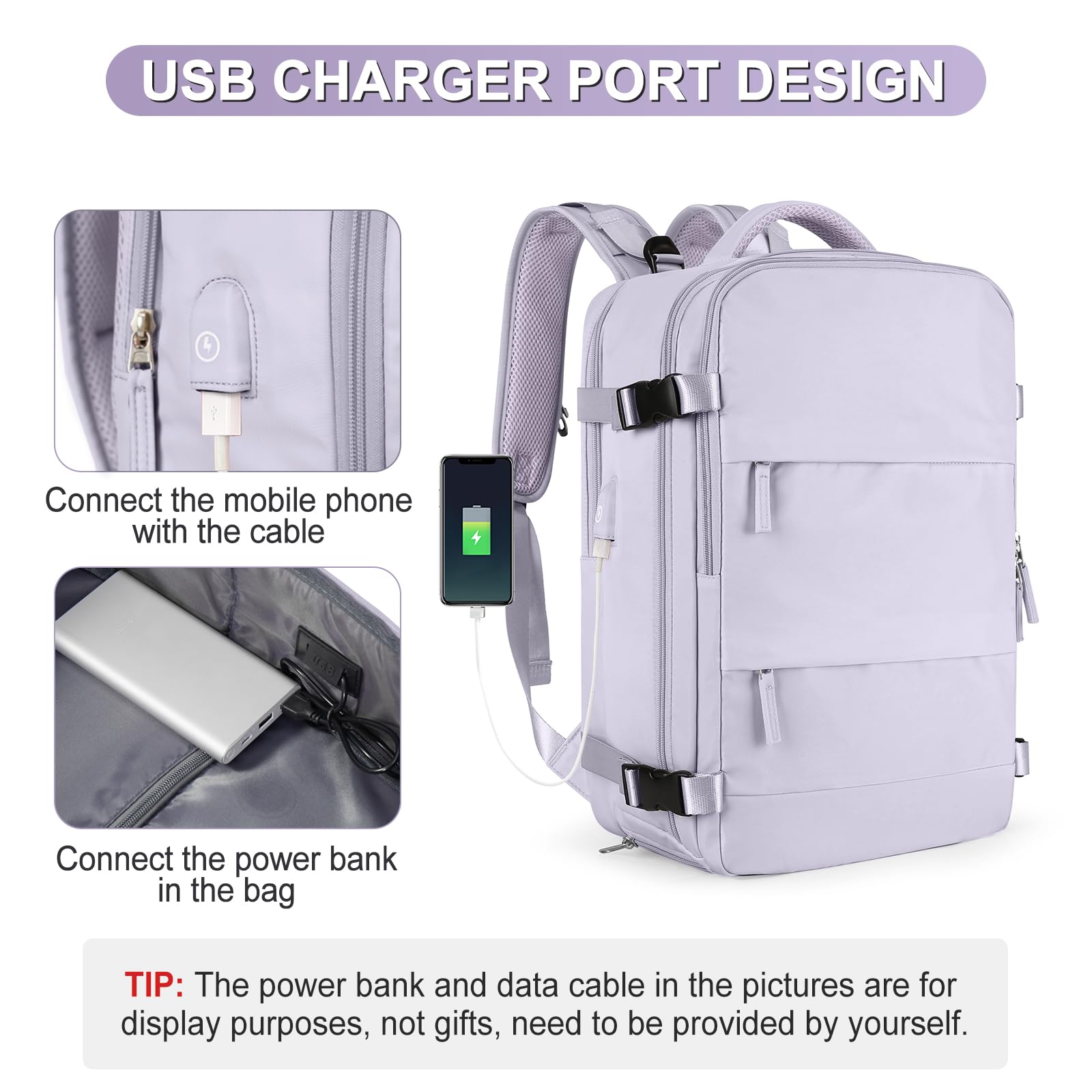 Coofay Flight Approved Carry On Backpack - Waterproof Travel Backpack for Women, Airline Approved Personal Item, Lightweight Daypack for Hiking, Sports & Casual Use - Perfect for Commuting, Business Trips & Weekend Getaways (Purple)
