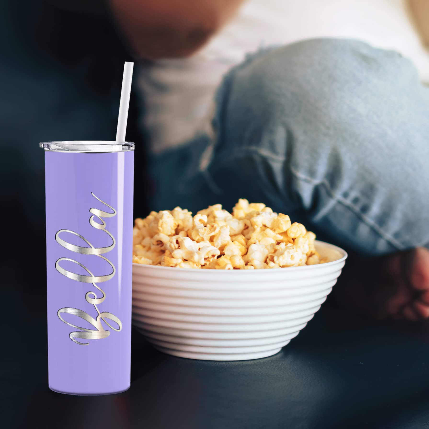 Personalized Skinny 20oz Stainless Steel Vacuum Insulated Tumbler with Lid - Custom Laser Engraved Lavender Gloss Cup - Perfect Gift for Office, Gym & Outdoor Activities