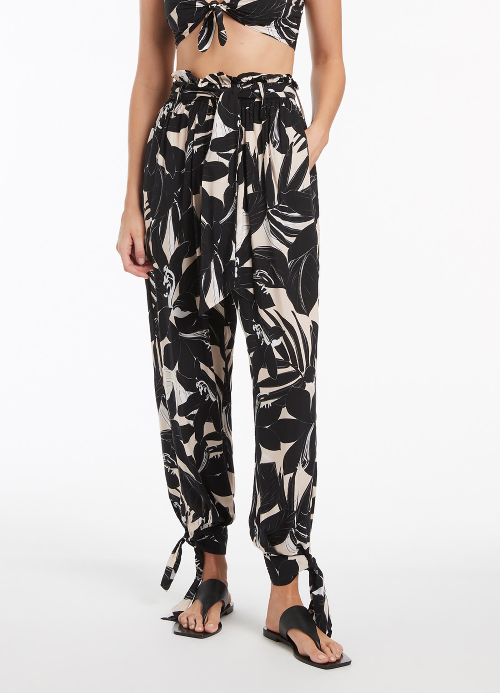 Floral Print Tie Cuff Pants for Women - Elegant Black Wide Leg Palazzo Trousers for Office, Party & Casual Wear