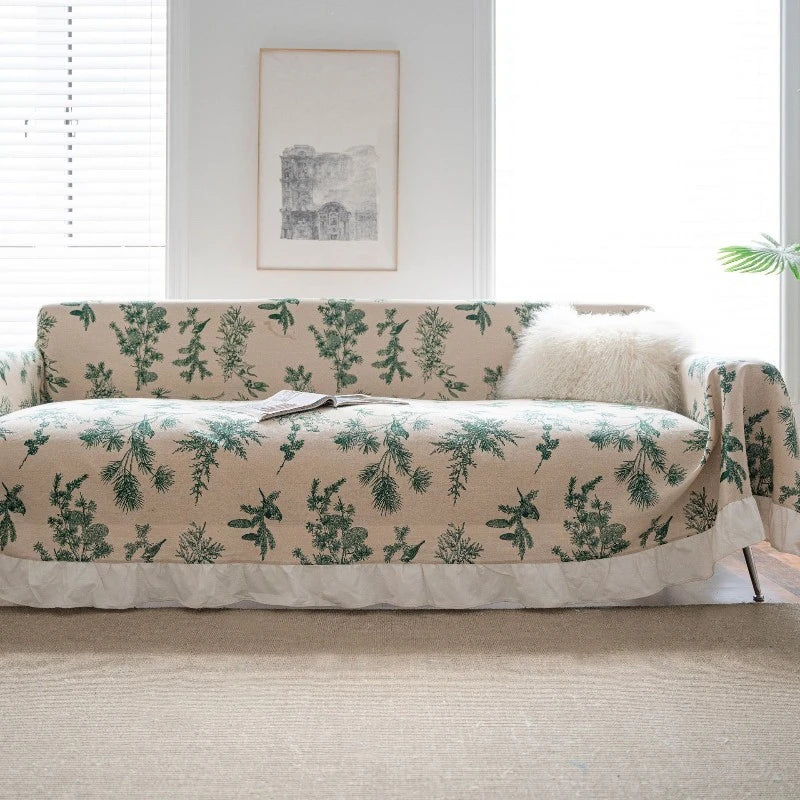 Bohemian Floral Sofa Slipcover with Ruffled Trim - Tribal Print Couch Cover for Living Room Decor, Home Styling & Comfort