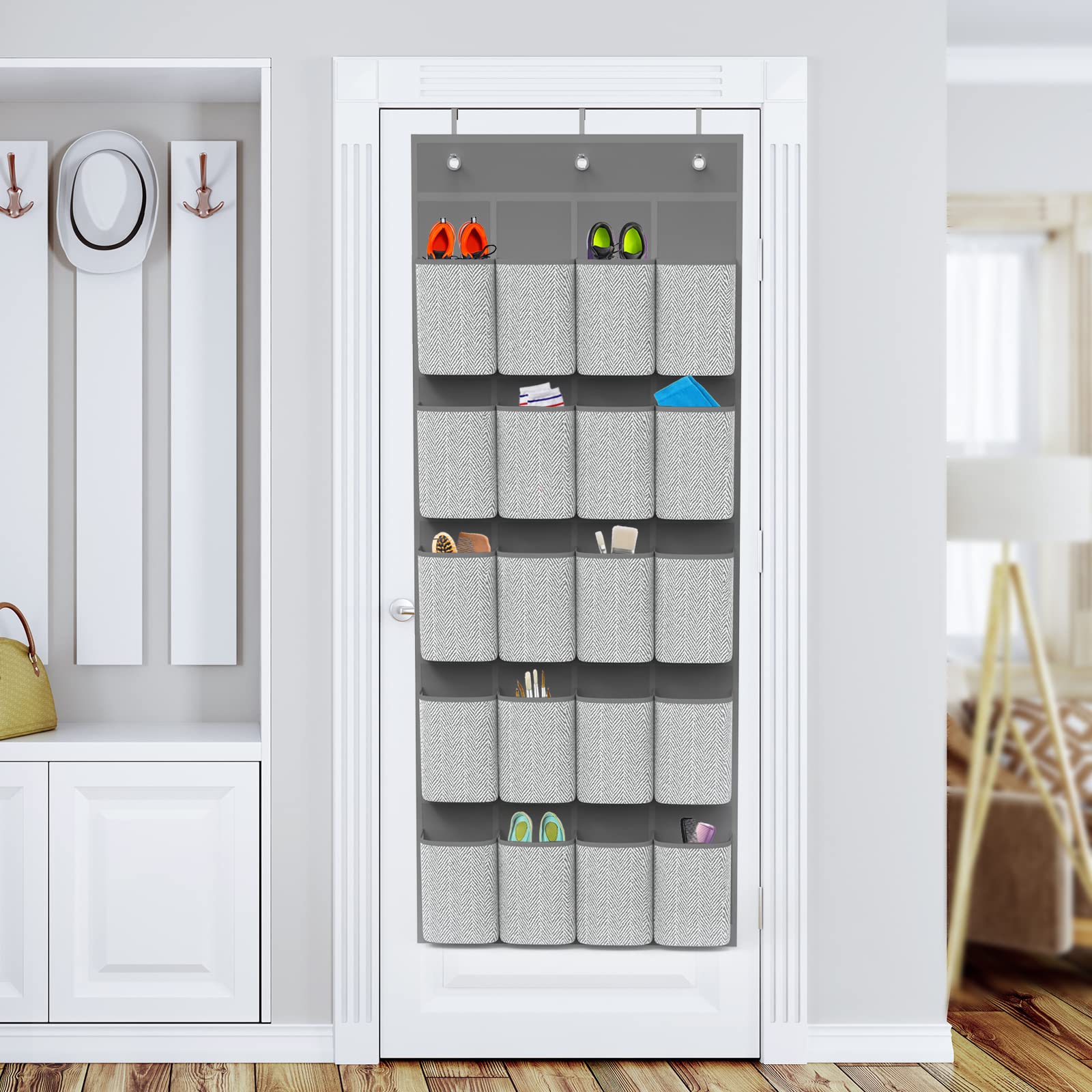 20-Pocket Over Door Shoe Organizer with 6 Sturdy Hooks - 2 Pack Space-Saving Hanging Shoe Storage for Sneakers, High Heels & Boots - Perfect for Closet Doors, Dorm Rooms & Small Apartments (Gray)