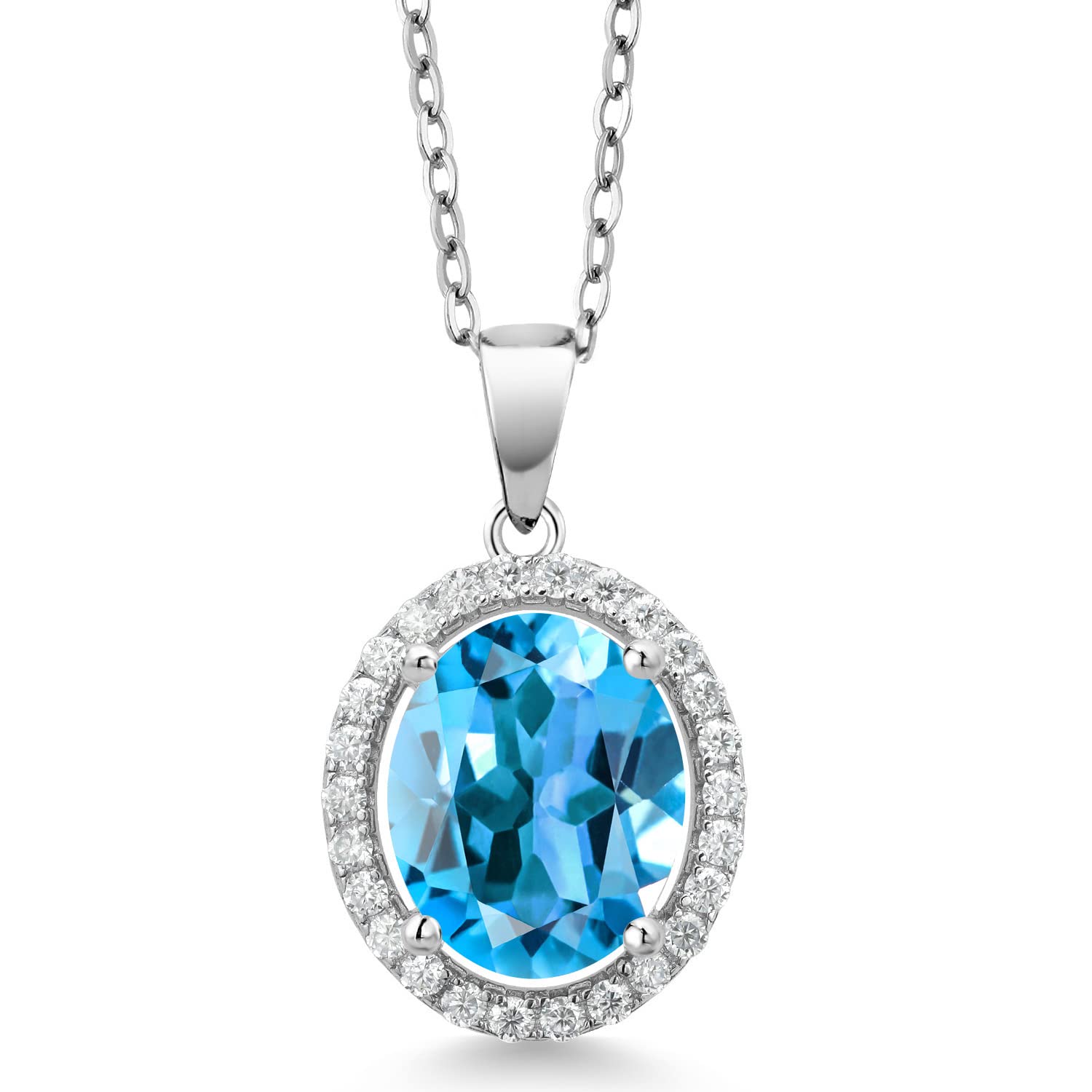 Gem Stone King 925 Sterling Silver 11X9MM Oval Birthstone & White Moissanite Halo Pendant Necklace for Women | 18 Inch Chain | Perfect for Birthdays, Anniversaries & Special Occasions