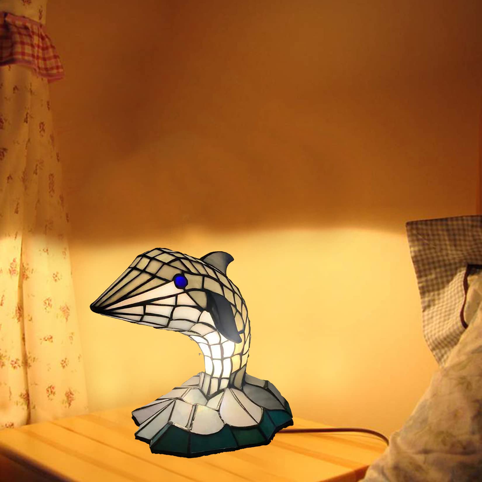 Tiffany Style Stained Glass Dolphin Table Lamp - 10 Inch Bedside Night Light for Bedroom, Living Room, Study & Kids Room | Perfect for Home Decor, Reading Nook & Gift Giving