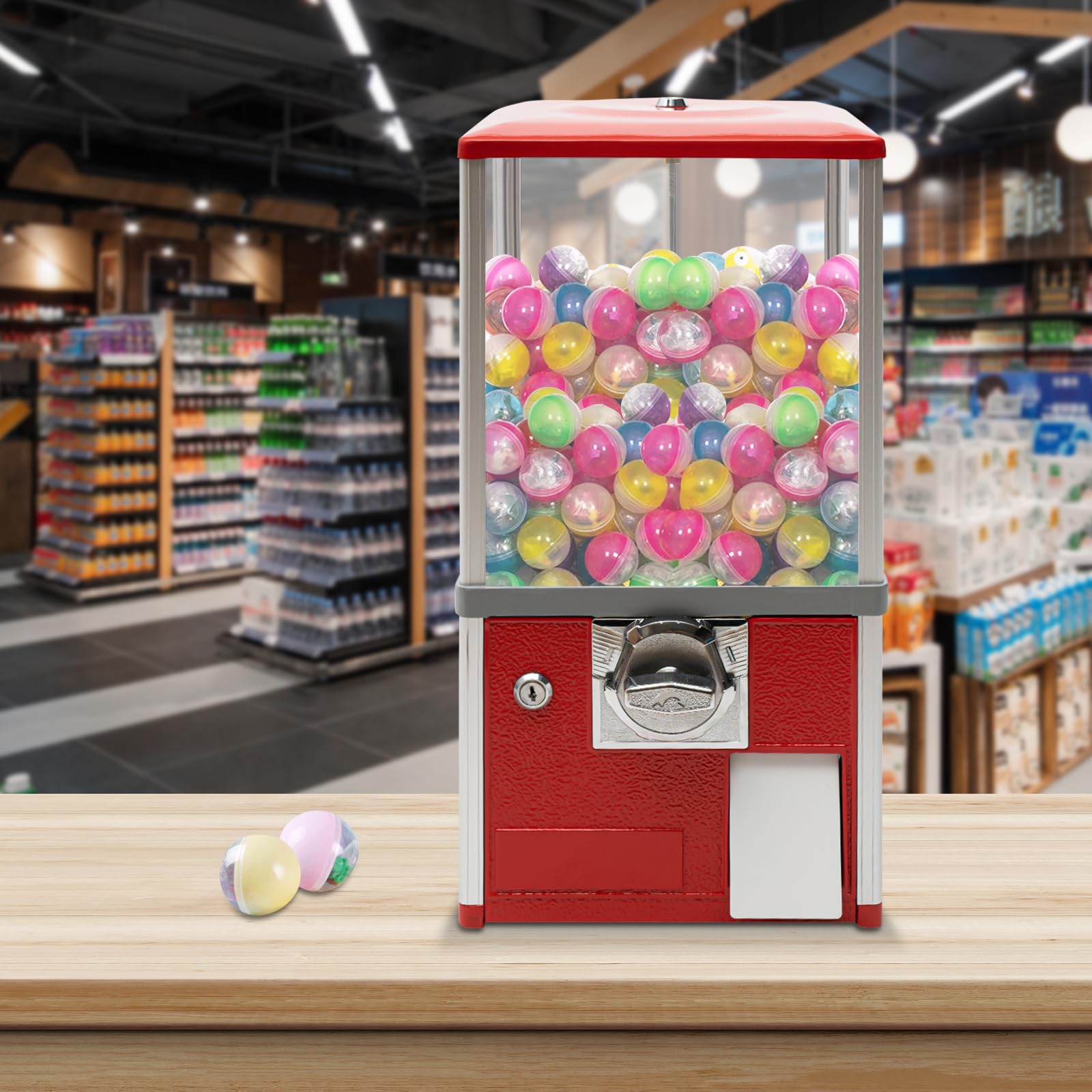 Commercial Gumball Machine for Business - 1.77-1.97 Inch Ball Diameter, 800 Coin Capacity, Accepts 4 Quarters - Perfect for Vending Capsule Toys, Candies & Gumballs (Red) - Ideal for Arcades, Retail Stores & Party Favors