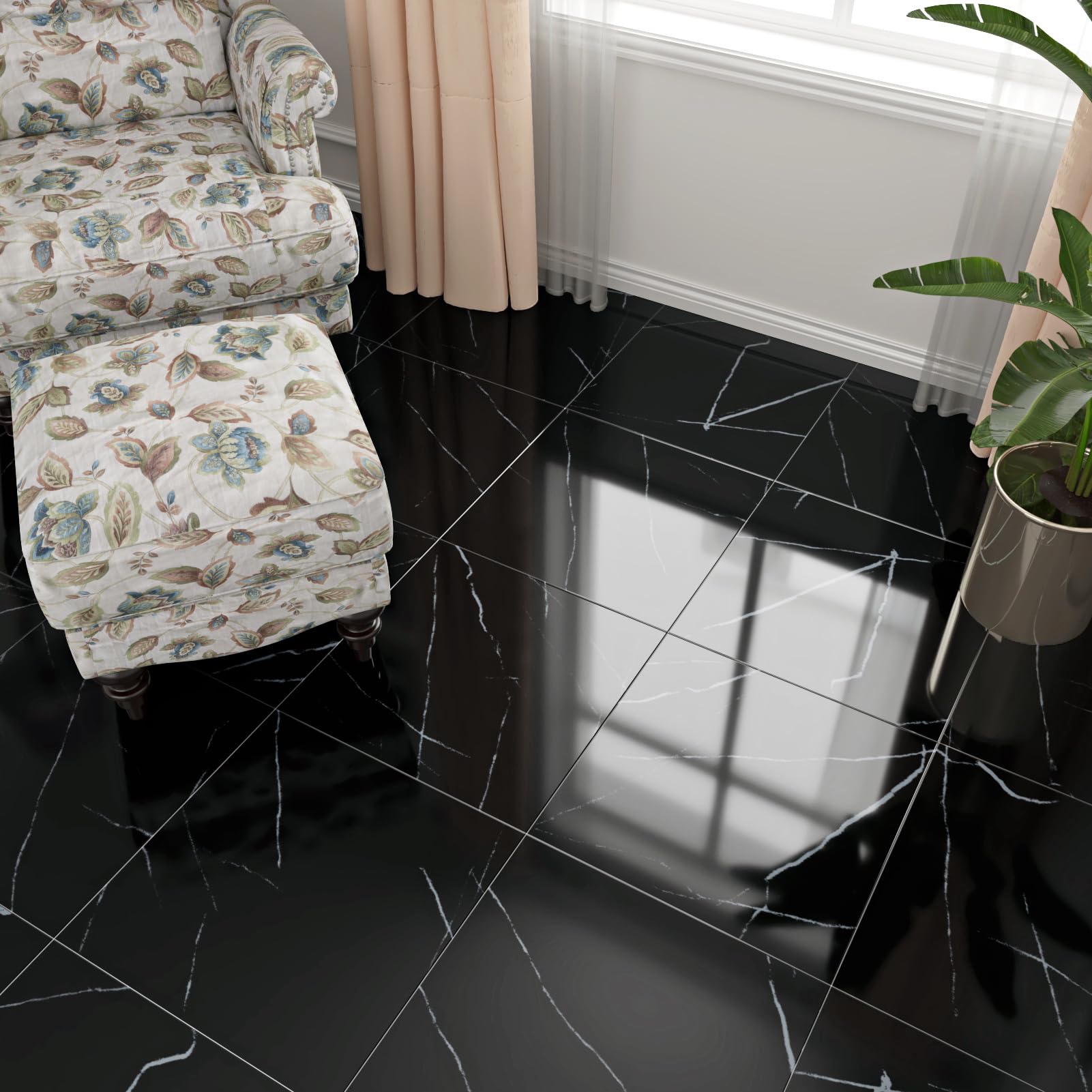 Premium Black Marble Peel and Stick Vinyl Floor Tiles - 12