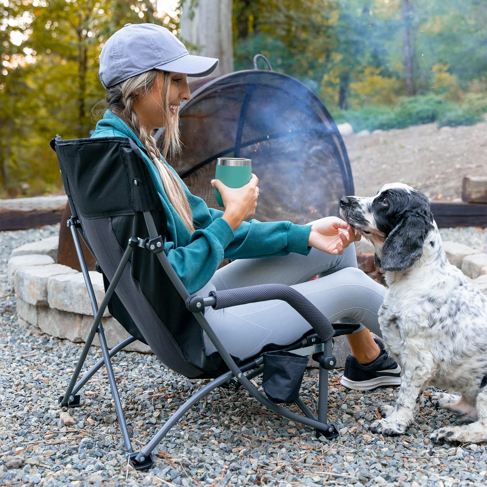 G4Free Compact Folding Beach Camping Chair with Lumbar Support - Portable Low Sling Design & Carry Bag - Perfect for Outdoor, Picnic, Travel, Concerts & Backyard Relaxation (Black)