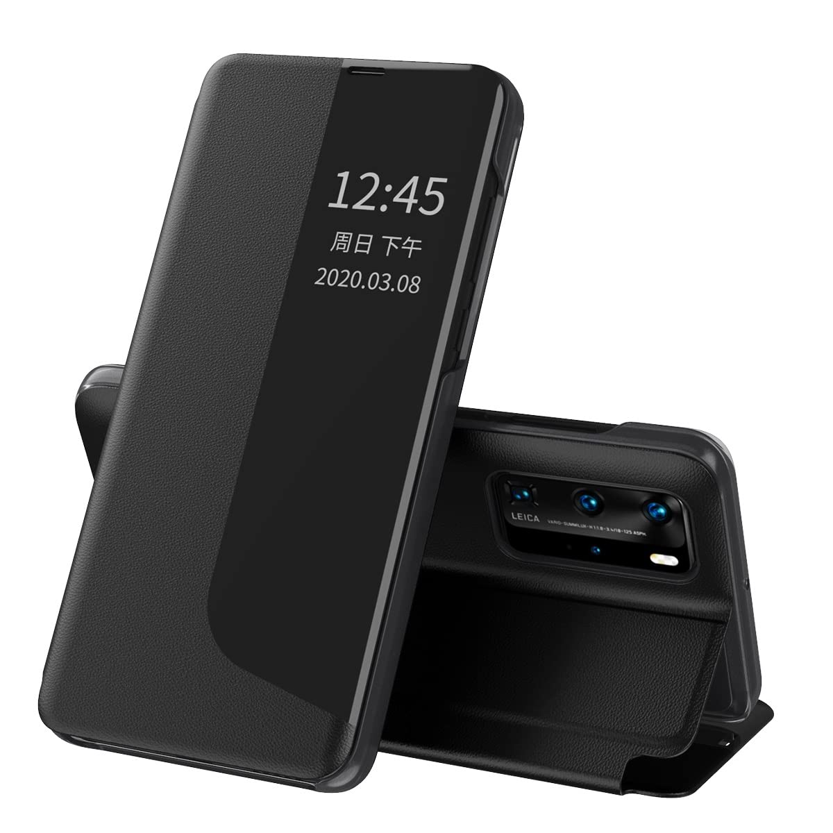 Premium PU Leather Flip Case for Huawei P40 - Shockproof Protective Cover with Side Display, Stand Function & Auto Sleep/Wake (Black) - Perfect for Work, Travel and Daily Use