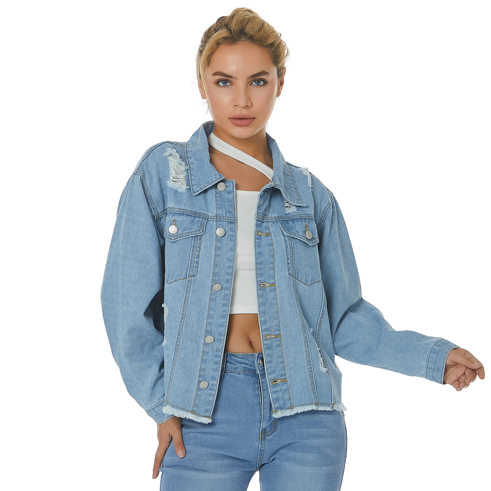 Longbida Women's Distressed Cropped Denim Jacket - Frayed Washed Button Up Jean Jacket with Pockets | Casual Outfit, Street Style, Spring & Fall Fashion