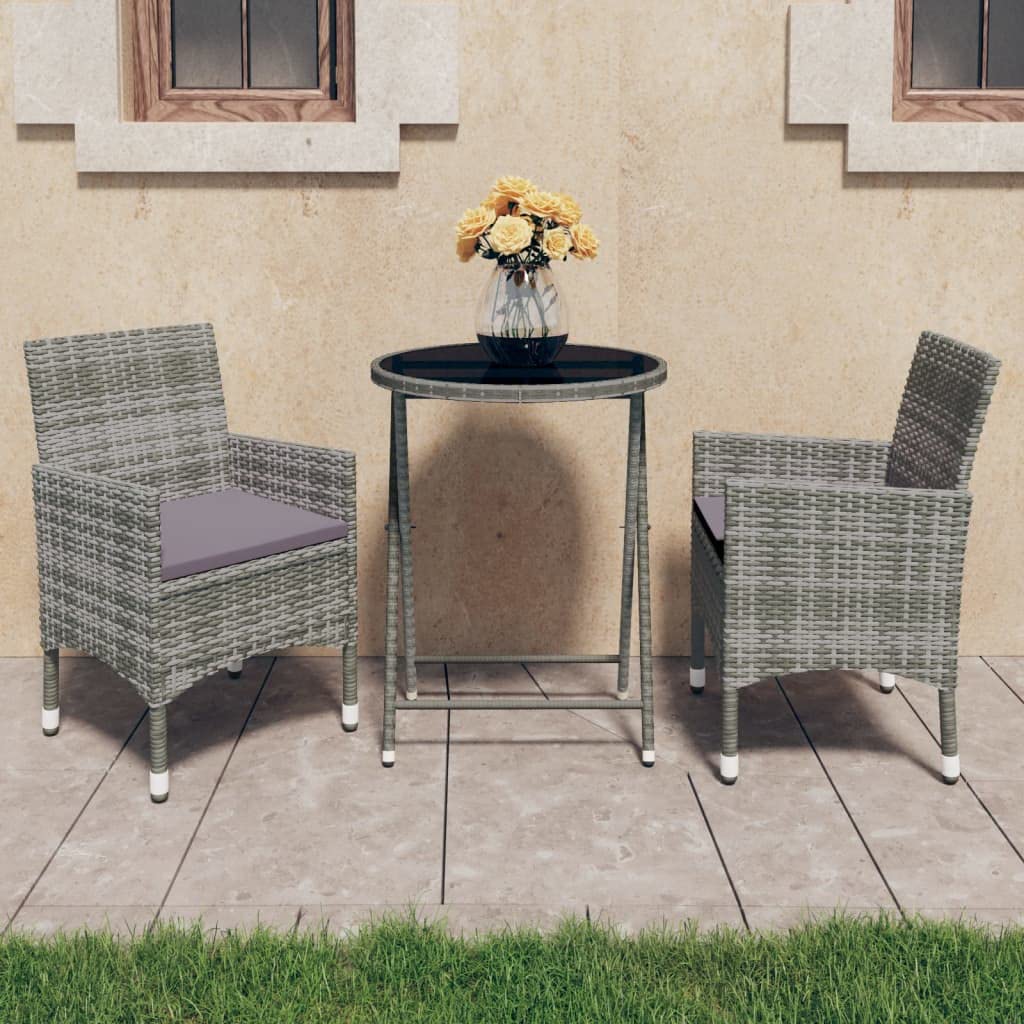 vidaXL 3-Piece Patio Bistro Set - Outdoor Bistro Table with 2 Chairs, Modern Poly Rattan & Tempered Glass Furniture for Porch, Deck, Garden or Balcony - Gray Contemporary Dining Set for Coffee, Breakfast and Relaxing Outdoors