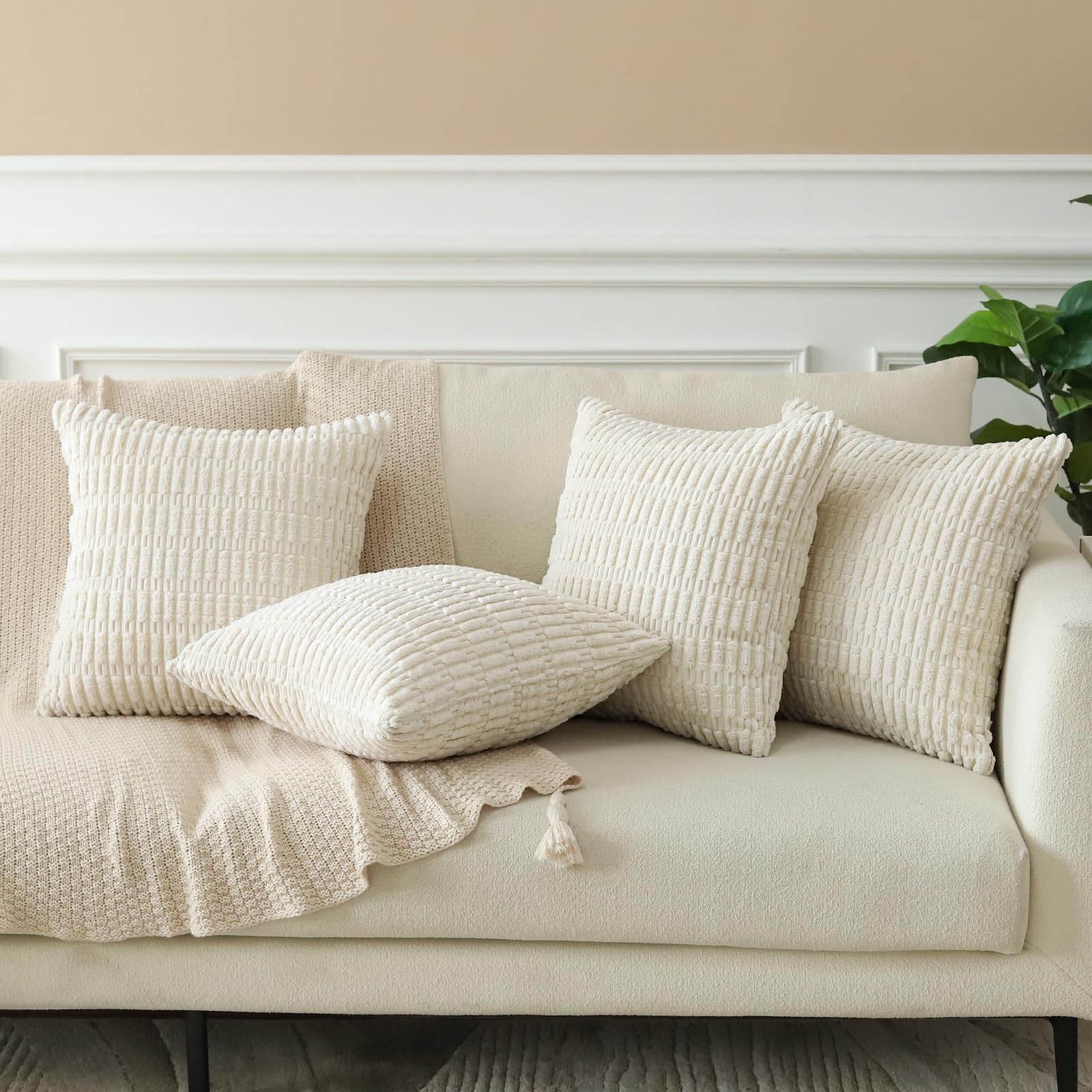 OTOSTAR Set of 4 Soft Corduroy Decorative Throw Pillow Covers 18x18 Inch (45x45cm) - Striped Square Boho Pillowcases for Sofa, Bedroom, Living Room, Patio & Farmhouse Decor - Cream White - Cozy Home Accent for Relaxation & Stylish Interior Design