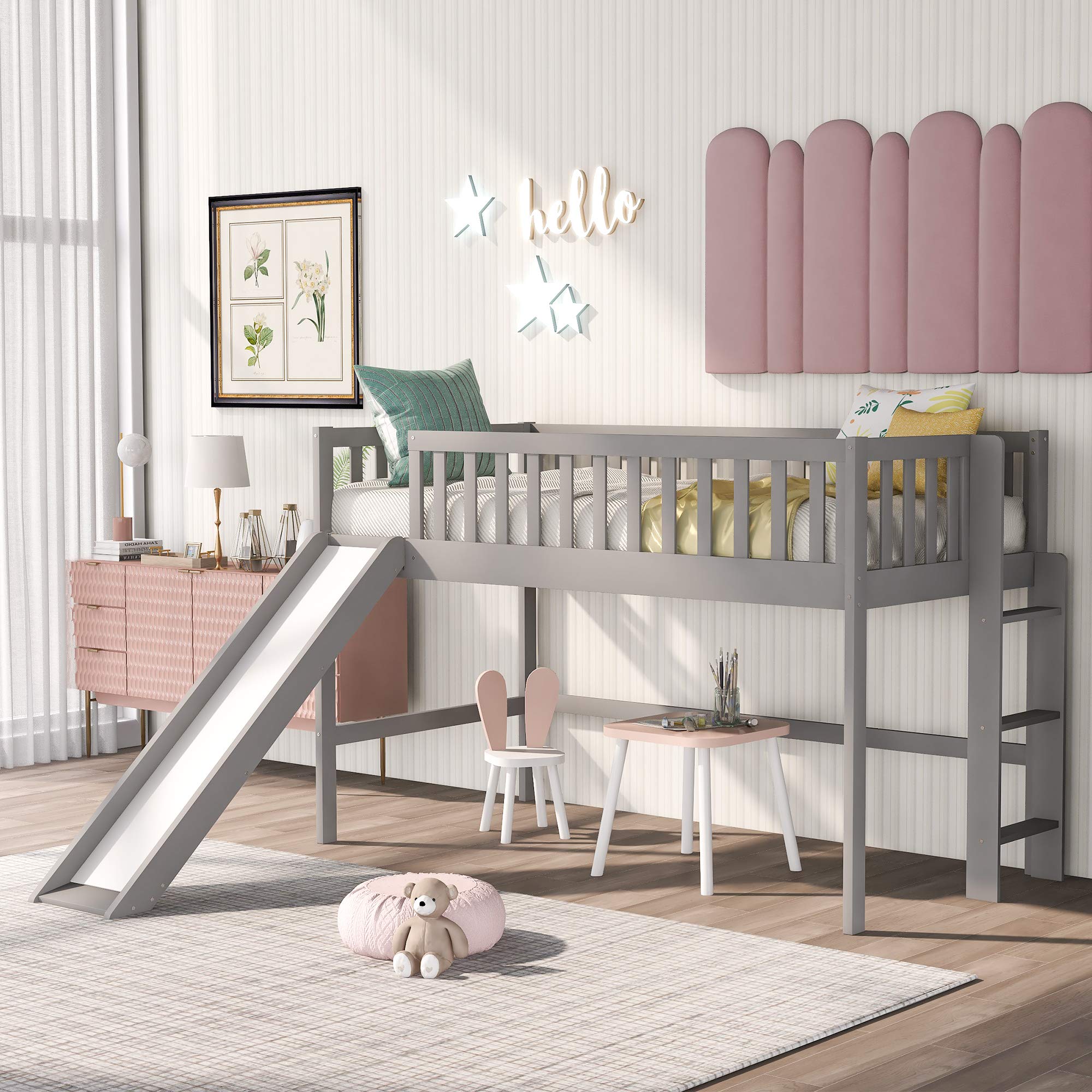 Twin Size Wooden Loft Bed with Slide - Low Bunk Bed Frame for Kids, Boys & Girls (Gray) - Perfect for Small Bedrooms, Playrooms & Kids' Sleepovers