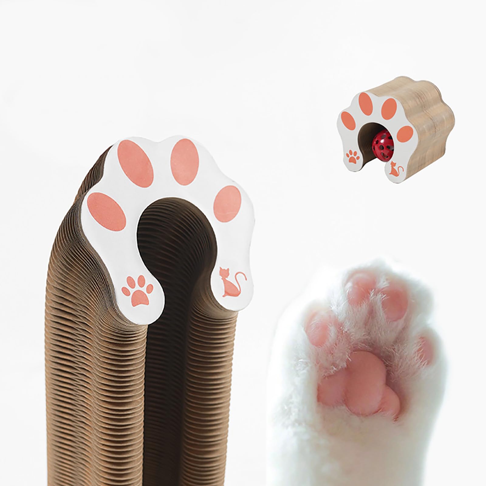 FOTN Kitty Kurlz Interactive Cat Toy with Bell Ball - Foldable Accordion Shape Cardboard Scratcher for Indoor Cats - Anxiety Relief & Exercise Toy - Perfect for Playtime, Training & Stress Relief (1PC)
