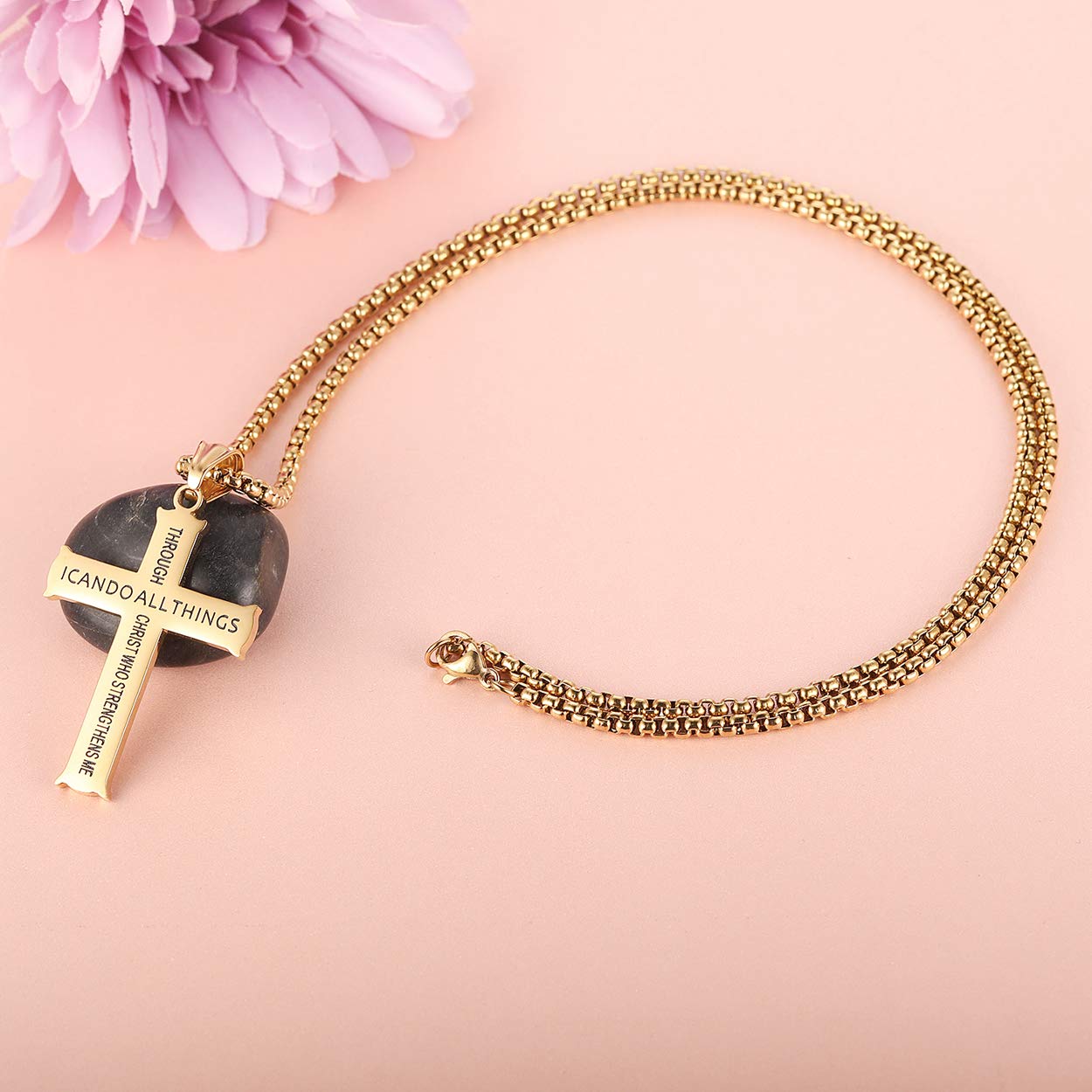 Philippians 4:13 Cross Pendant Necklace - Stainless Steel Bible Verse Jewelry for Strength & Faith