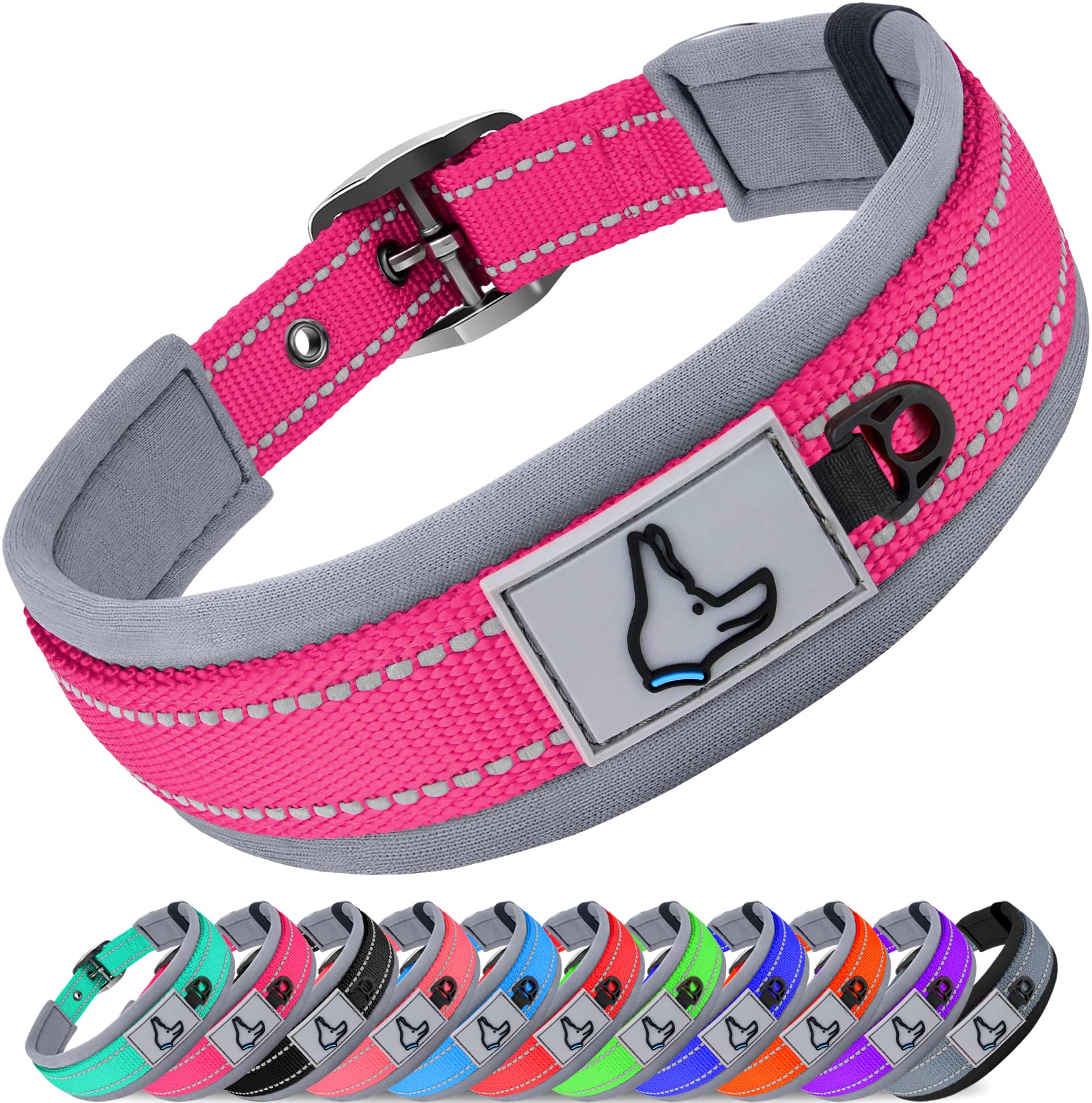 Joytale Adjustable Neoprene Padded Dog Collar for Medium Dogs - Reflective Heavy Duty Pet Collar with Durable Metal Buckle - Hot Pink Size M - Perfect for Walking, Training & Outdoor Adventures