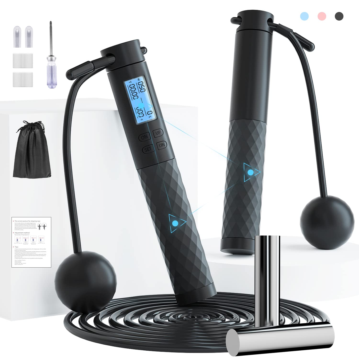 Premium Adjustable Jump Rope with Digital Calorie Counter - Anti-Tangle PVC Speed Rope with Silicone Handles for Men, Women & Kids - Ideal for CrossFit, HIIT, Home & Outdoor Workouts