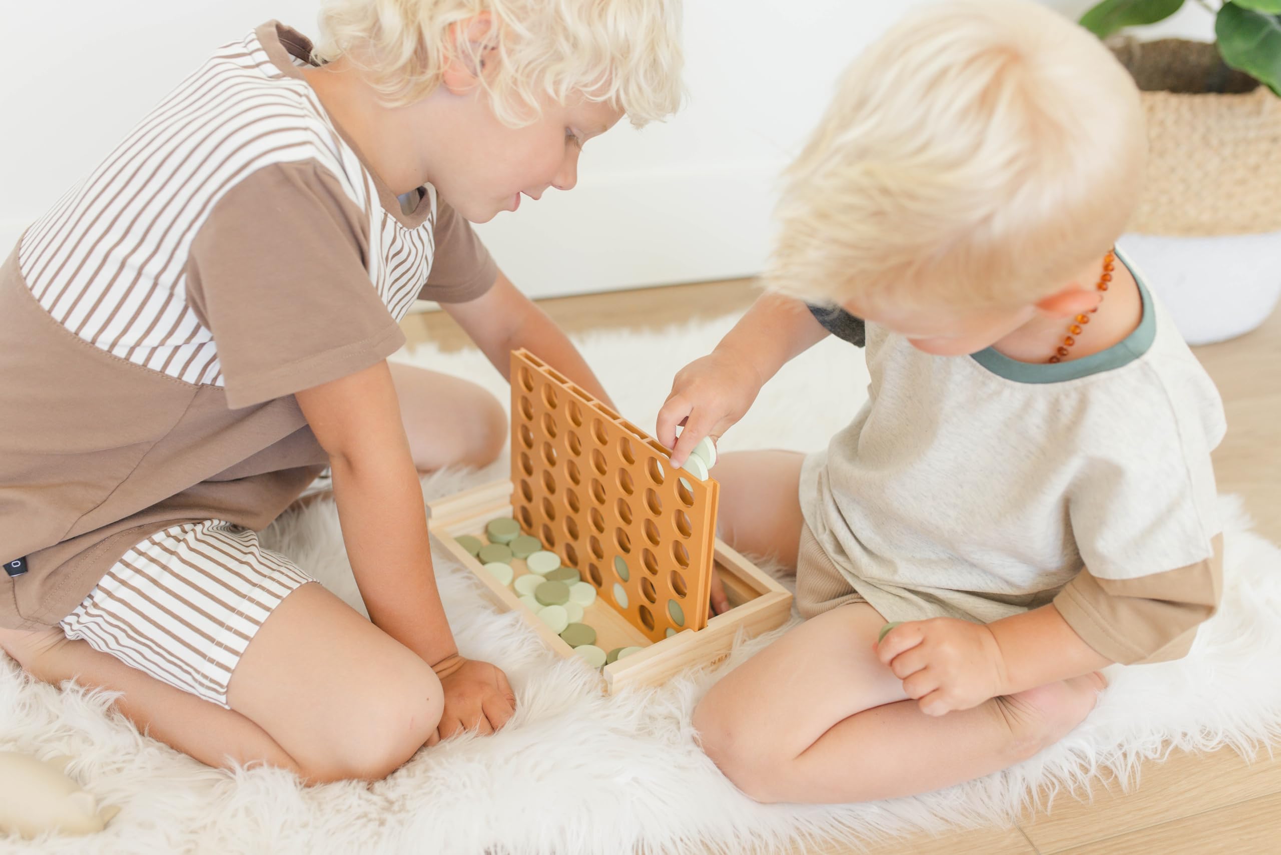 Neutral Wooden Four in a Row Game - Classic Two Player Strategy Board Game for Kids & Adults | Montessori Travel Toy, Coffee Table Decor & Housewarming Gift | Perfect for Family Game Nights, Travel Entertainment & Home Décor