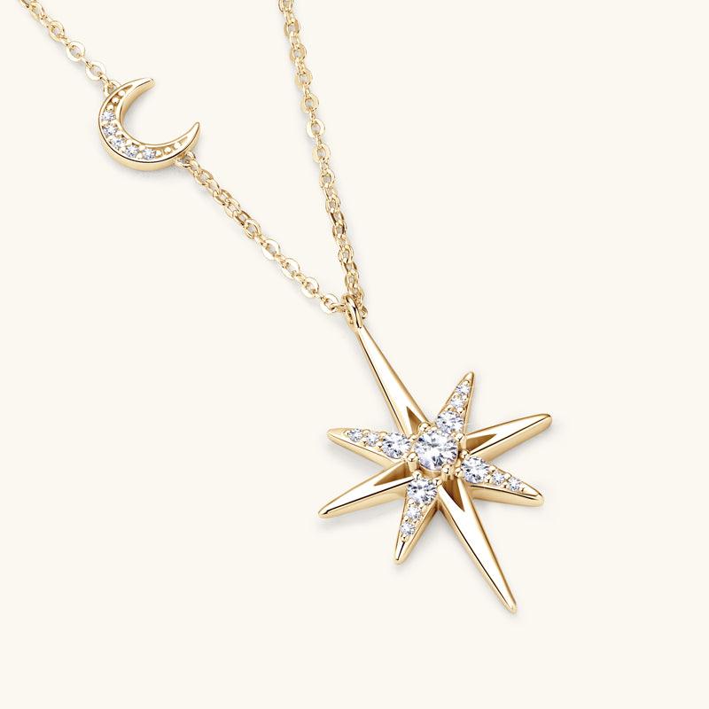 Star & Moon Premium Moissanite Pendant Necklace for Women - 925 Sterling Silver Jewelry Gift for Birthday, Anniversary & Valentine's Day - Elegant Everyday & Special Occasion Necklace