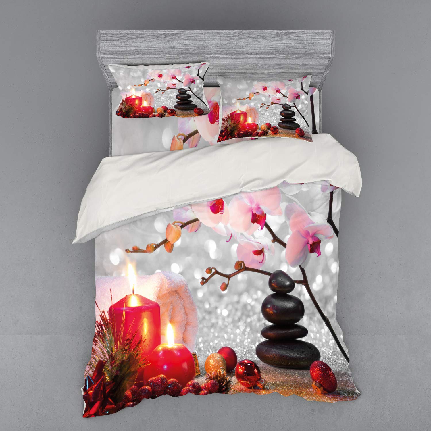 Ambesonne Winter Christmas Themed 4-Piece Queen Duvet Cover Set with Pink Orchid Stone & Red Candles Design - Includes Shams & Fitted Sheet (Red, Pink, Black, White) for Holiday Bedroom Decor & Cozy Seasonal Home Styling