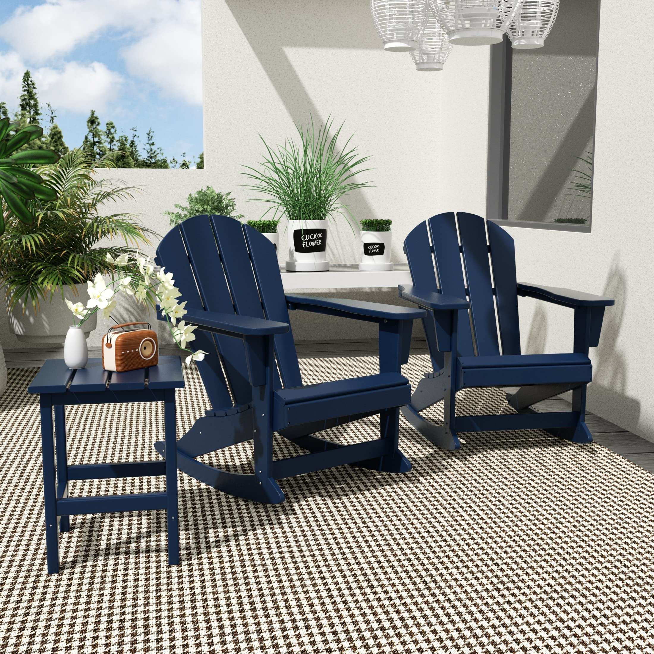 WO Home Furniture 3-Piece Patio Rocking Chair Set - Classic Outdoor Adirondack Rocker Chairs & Table in Navy Blue - Perfect for Backyard, Garden, Porch & Poolside Relaxation