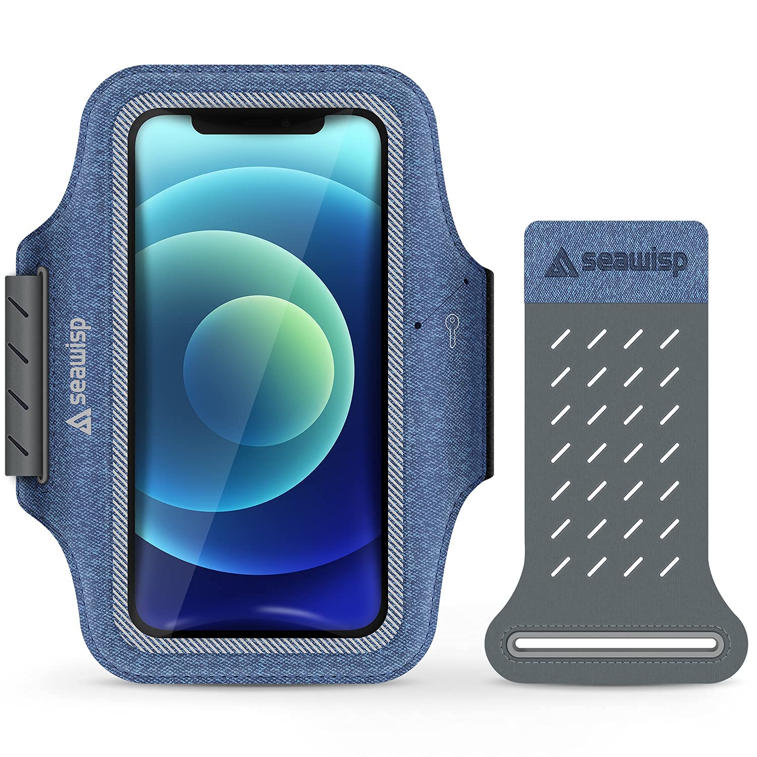 Seawisp Anti-Slip Adjustable Running Armband Phone Holder for Smartphones Under 6.9 inches - Elastic Arm Band with Key Slot & Extender Strap for Men & Women - Perfect for Jogging, Workout, Gym & Outdoor Activities (Blue)