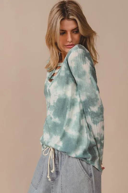 Bibi Variegated Tie Dye Rib V Neck Top With Straps in Dusty Sage Multi - Stylish Boho Chic Blouse for Women, Perfect for Summer Festivals, Beach Vacations & Casual Outings