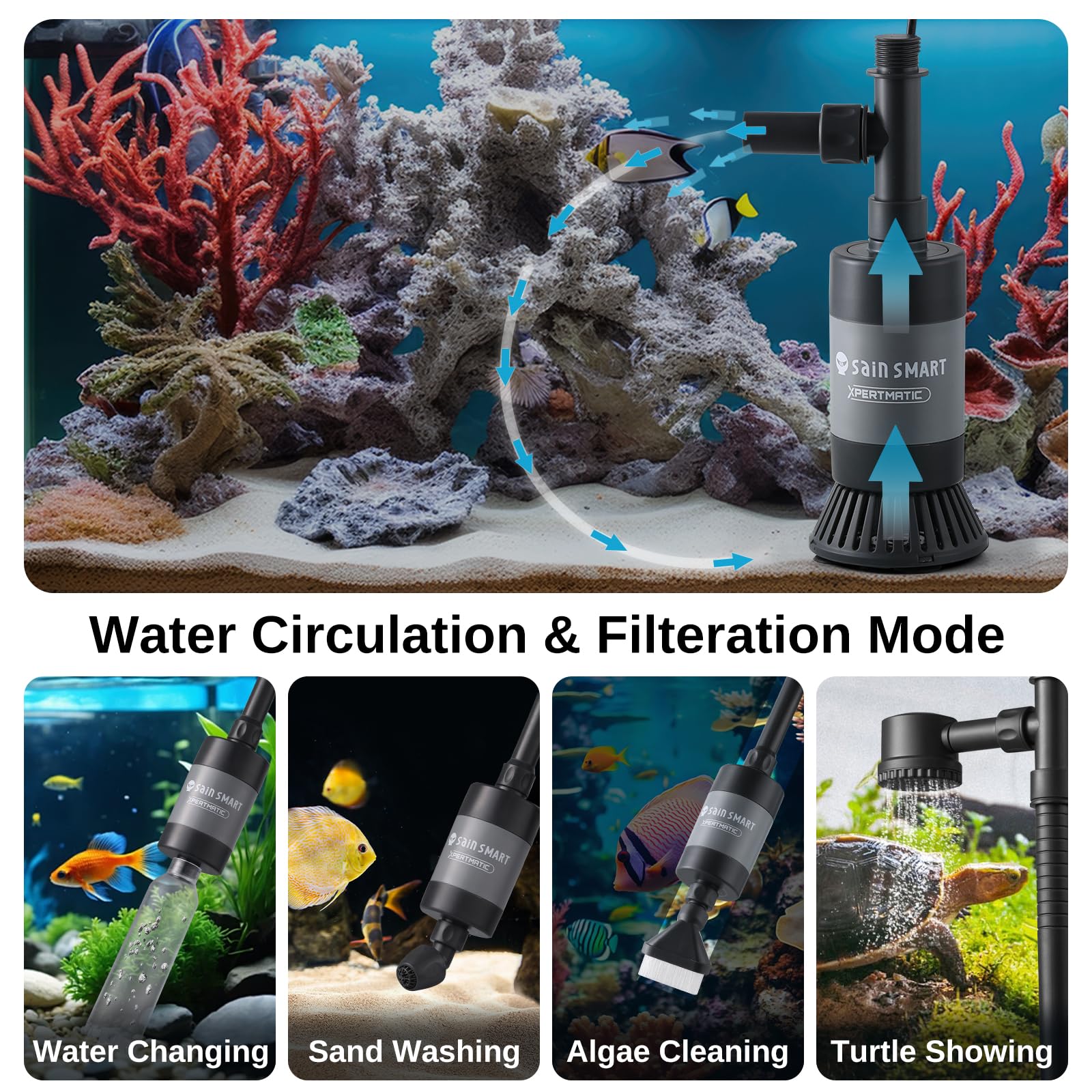 SainSmart XpertMatic 528GPH Electric Aquarium Gravel Cleaner - 28W Powerful Fish Tank Vacuum with Adjustable Water Flow for Sand Washing & Water Changing - Ideal for Freshwater & Saltwater Tanks up to 100 Gallons