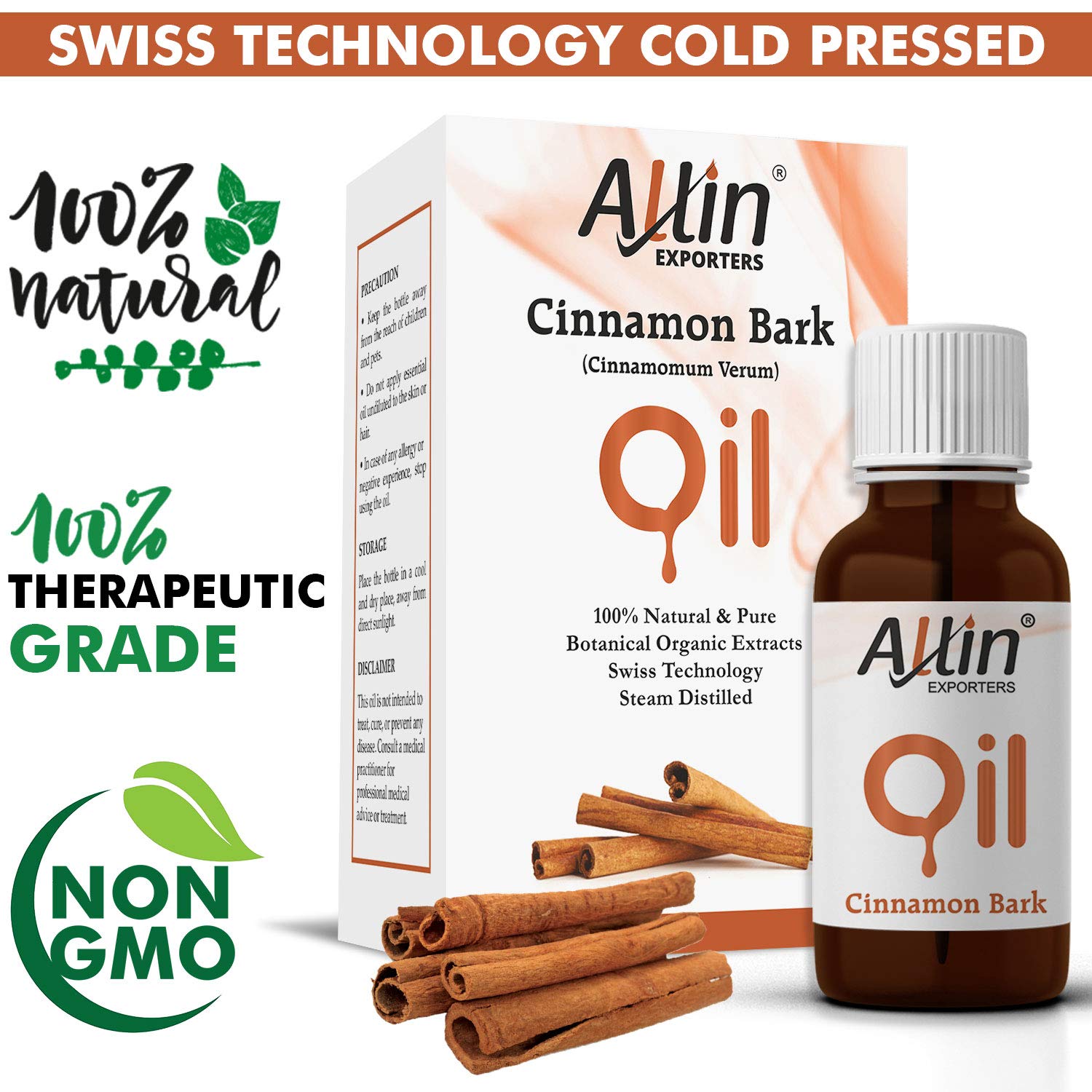 100% Pure Natural Cinnamon Bark Oil - Therapeutic Grade for Skin Care, Acne Treatment, Hair Growth & Aromatherapy | Use for Face Massage, Diffuser Blends & Relaxation (30ml) - Allin Exporters