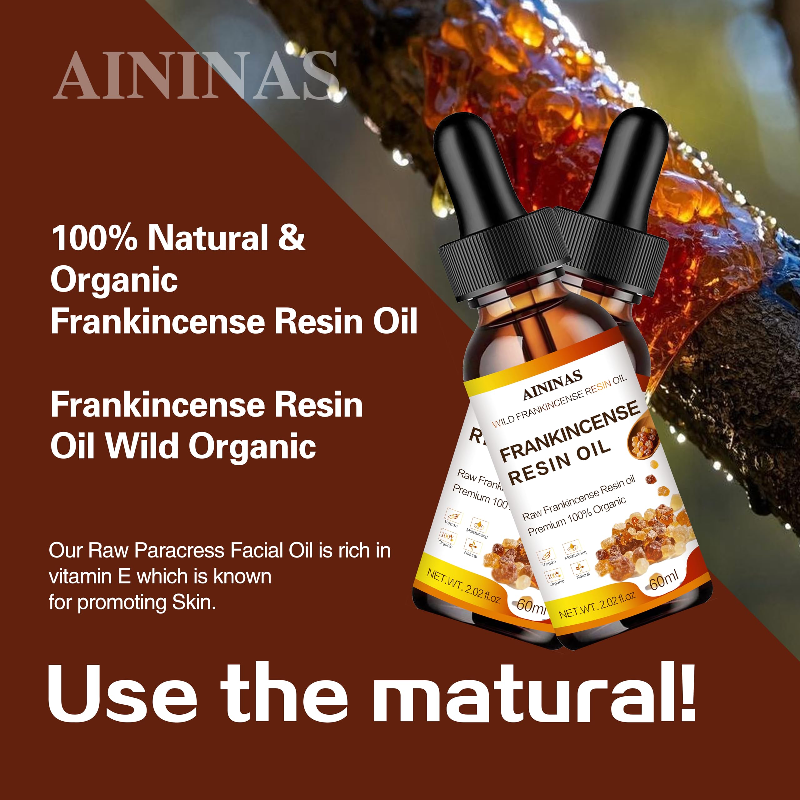 AININAS Organic Frankincense Resin Facial Oil - Anti-Aging Serum for Women & Men, Reduces Wrinkles & Fine Lines, Deep Hydration for Face & Body - 2 Fl Oz - Perfect for Night Routine & Dry Skin Care