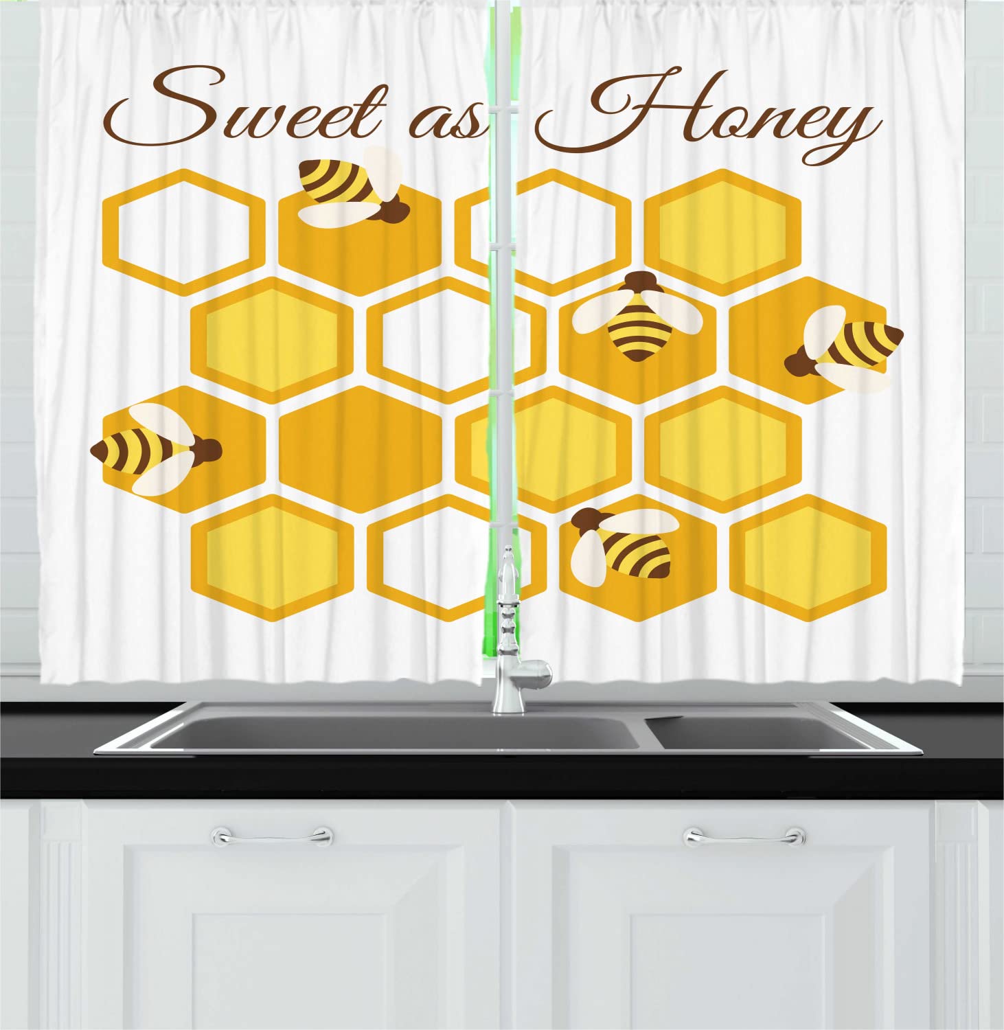 Ambesonne Honey Bee Print Kitchen Curtains - Cursive Calligraphy & Beehive Hexagon Design, 2 Panel Rod Pocket Drapes for Windows, 55 x 45 Inches, Dark Rosewood Earth Yellow Mustard White - Farmhouse & Cottage Style Home Decor for Kitchen, Dining Room, or Country House