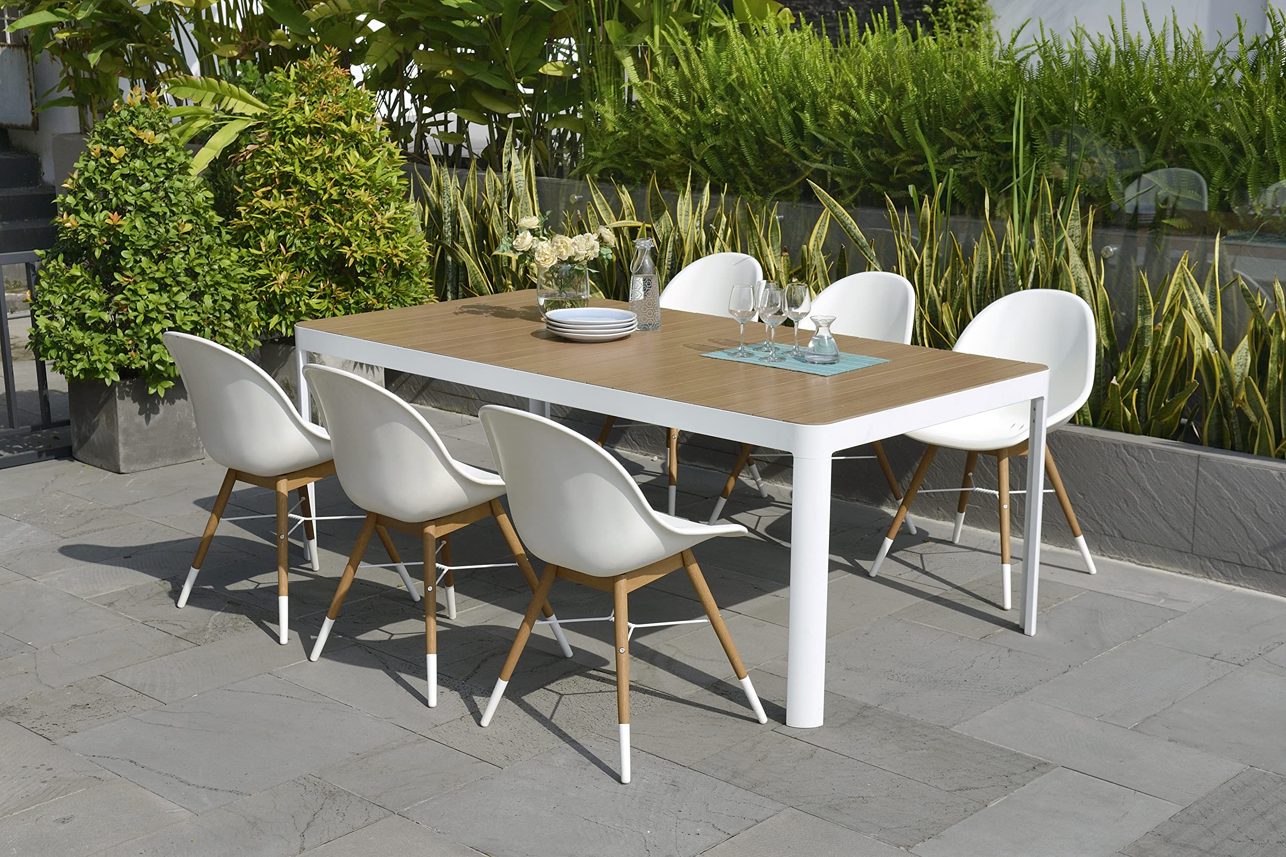 Premium 7-Piece Eucalyptus Outdoor Dining Set with Teak Finish - White Rectangular Patio Table & Chairs for Backyard, Garden & Poolside Entertaining