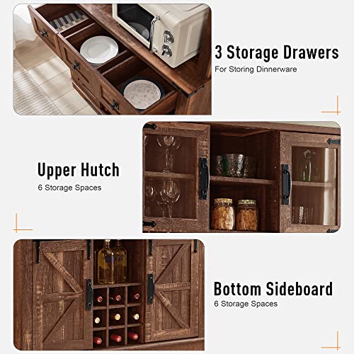 Rustic Farmhouse Bar Cabinet with Sliding Barn Door - Reclaimed Wood Kitchen Pantry Storage with Wine Rack, Glass Holder, Drawers & Adjustable Shelves - Sideboard Buffet Hutch for Dining Room & Entertaining - Perfect for Home Bars, Wine Storage & Kitchen Organization