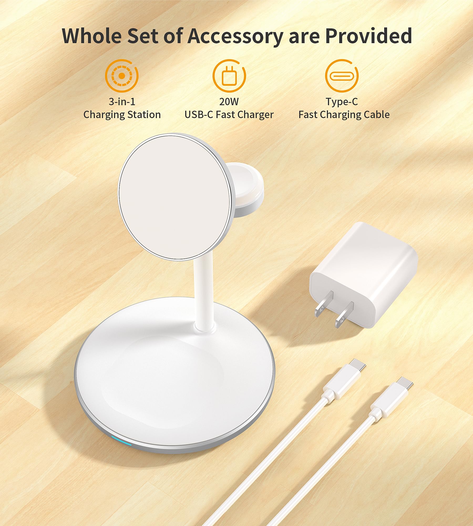 3-in-1 Wireless Charging Station for iPhone 16/15/14/13/12 Pro Max/Plus/Pro/Mini, Apple Watch Ultra 1/2/S9/S8 & AirPods - 15W Fast MagSafe Charger Stand with 20W Adapter - Perfect for Home, Office & Nightstand Charging