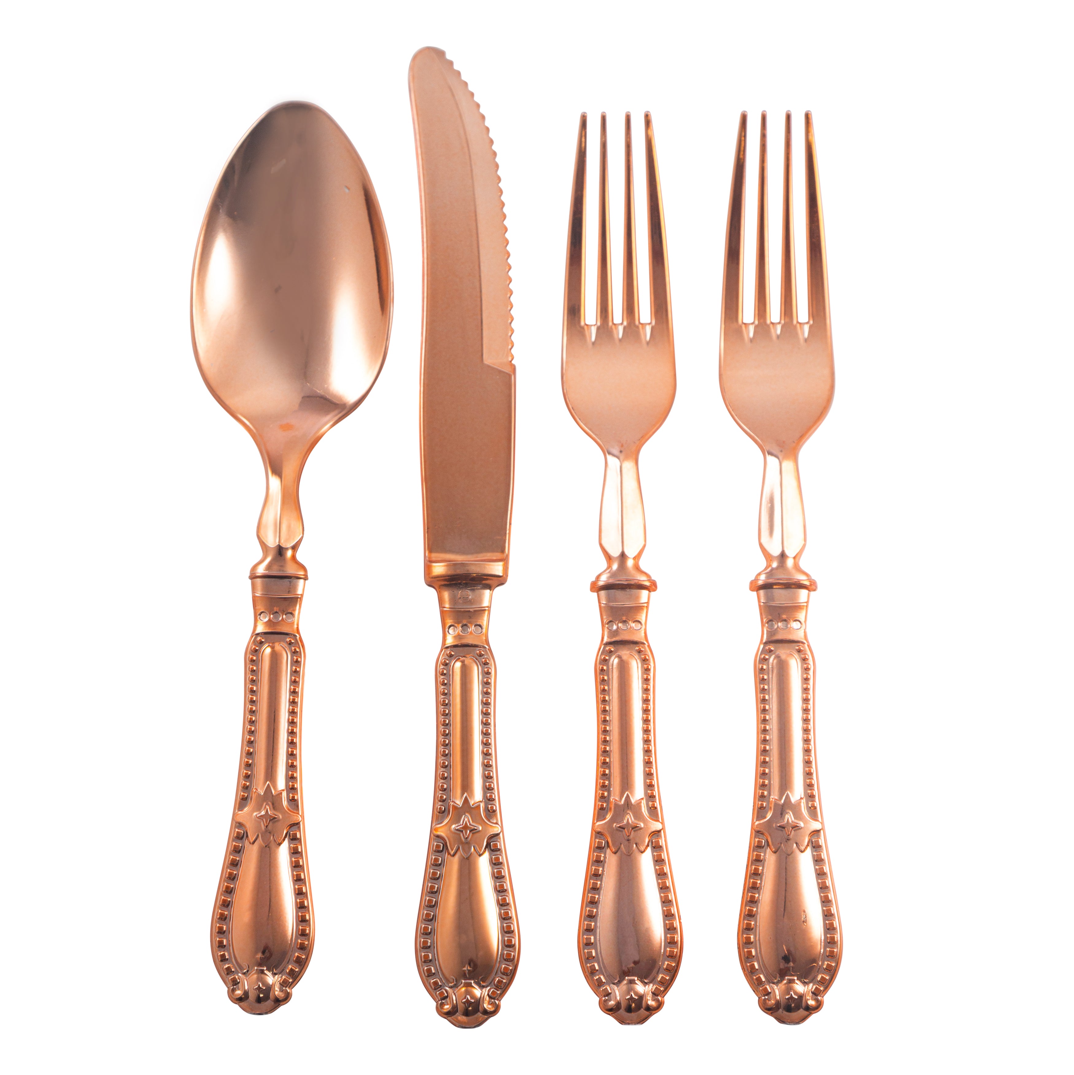 Disposable Shiny Metallic Rose Gold Flatware Set - Elegant Baroque Style Plastic Cutlery for Parties, Weddings & Special Events