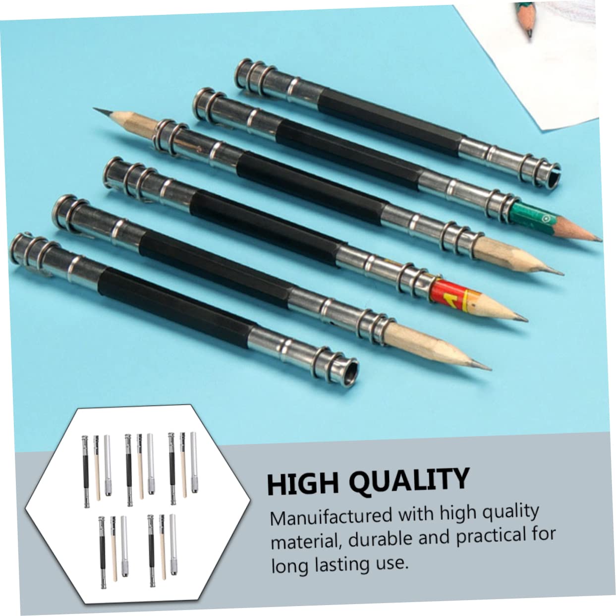 VILLFUL 15-Piece Pencil Extender Set - Stainless Steel & Wooden Double-Ended Pencil Holder for Short Pencils - Perfect for Students, Artists & Teachers - Ideal for Sketching, Drawing & Classroom Use