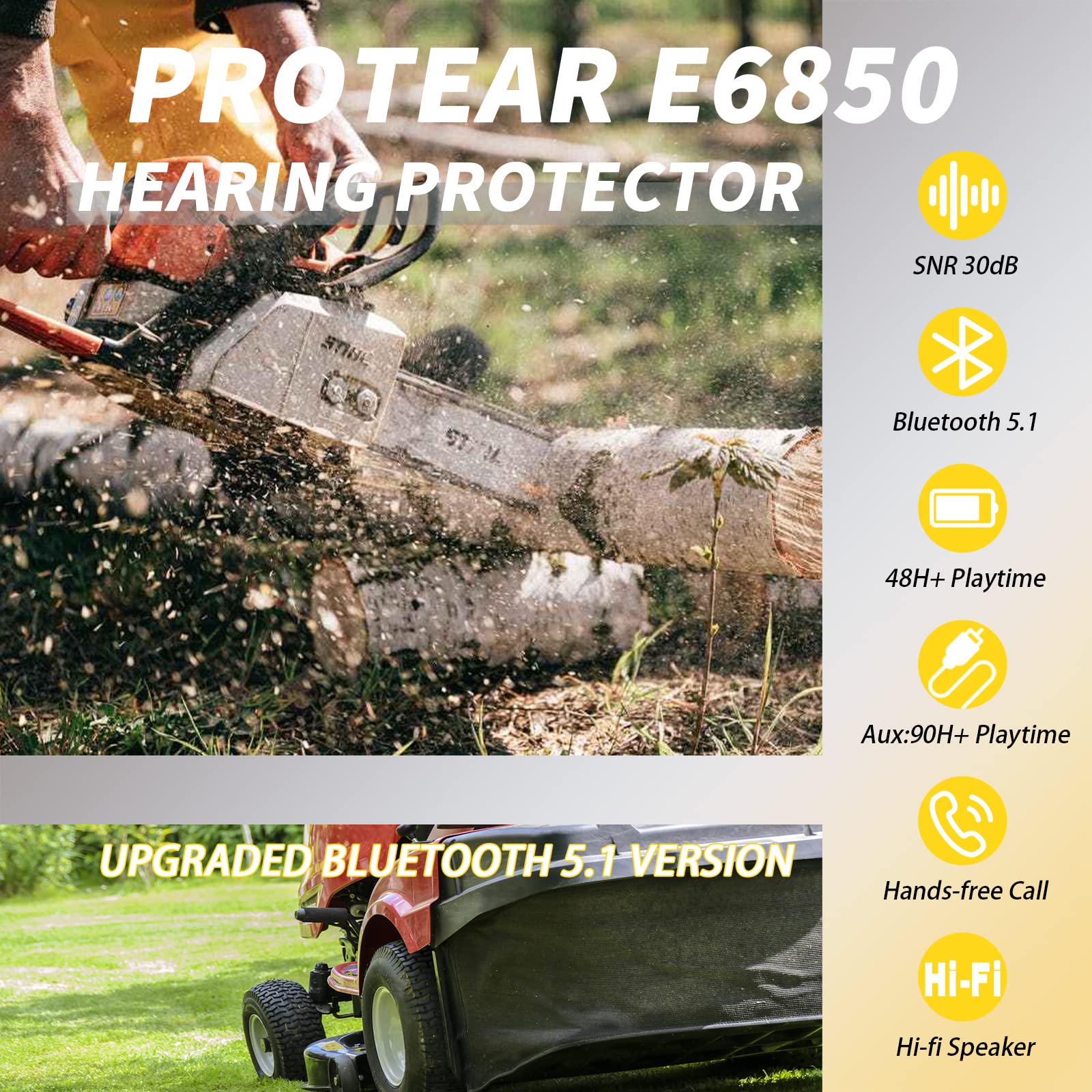 Upgraded E6850 Bluetooth Hearing Protection with Noise Reduction, Integrated Microphone & High-Fidelity Speakers, 120H+ Playtime, NRR 25 dB Ear Muffs for Mowing, Workshop, Shooting, and Outdoor Activities
