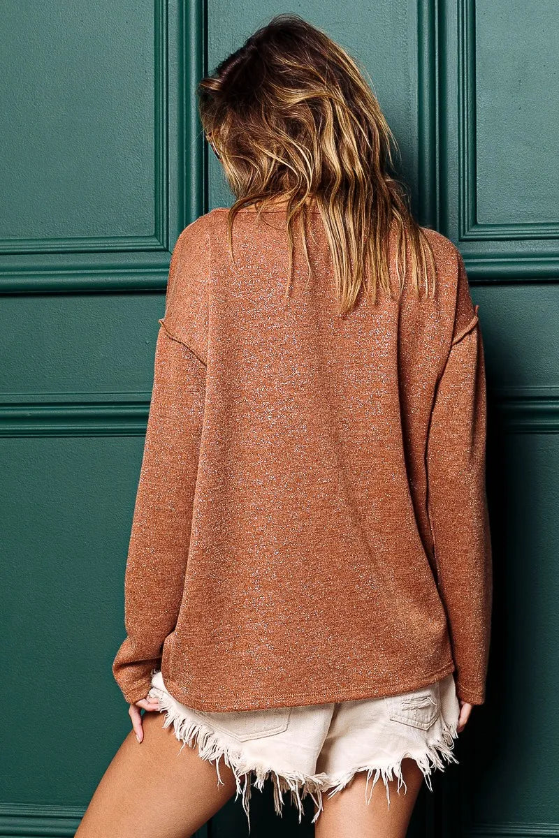 BiBi Women's Mink Lurex Knit Top with Stitched Button Details - Elegant Party & Holiday Wear