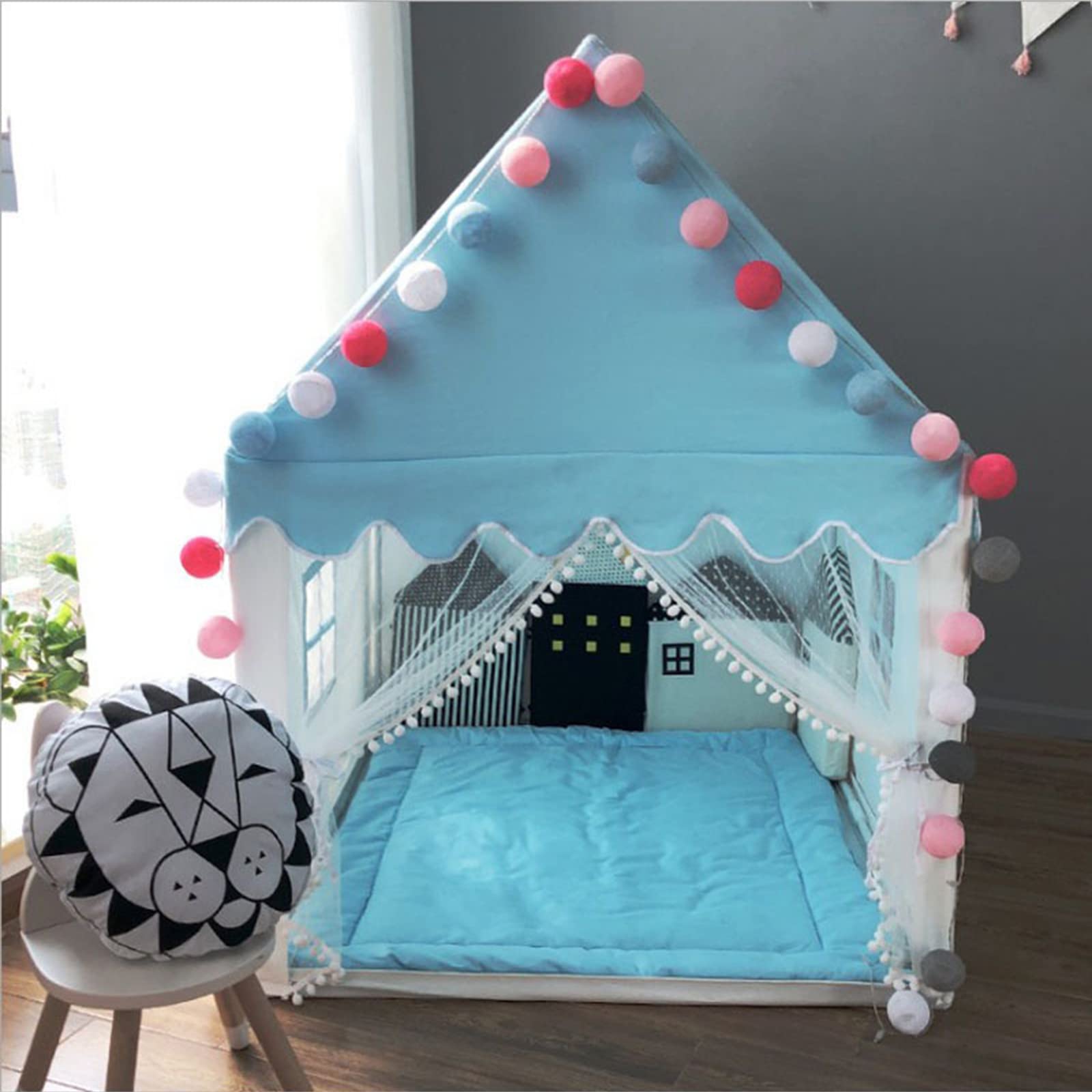 VIIVRIANYL Princess Castle Play Tent for Girls - Large Kids Playhouse with Star & Ball Lights, Indoor & Outdoor Play - Perfect for Birthday Gifts, Tea Parties & Imaginative Play (Light Blue)