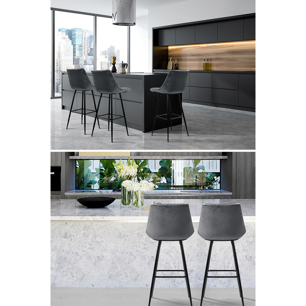 2-Pack Grey Velvet Bar Stools - Modern Kitchen Counter Stools for Dining Room, Bar, or Breakfast Nook - Comfortable & Stylish Seating Solution