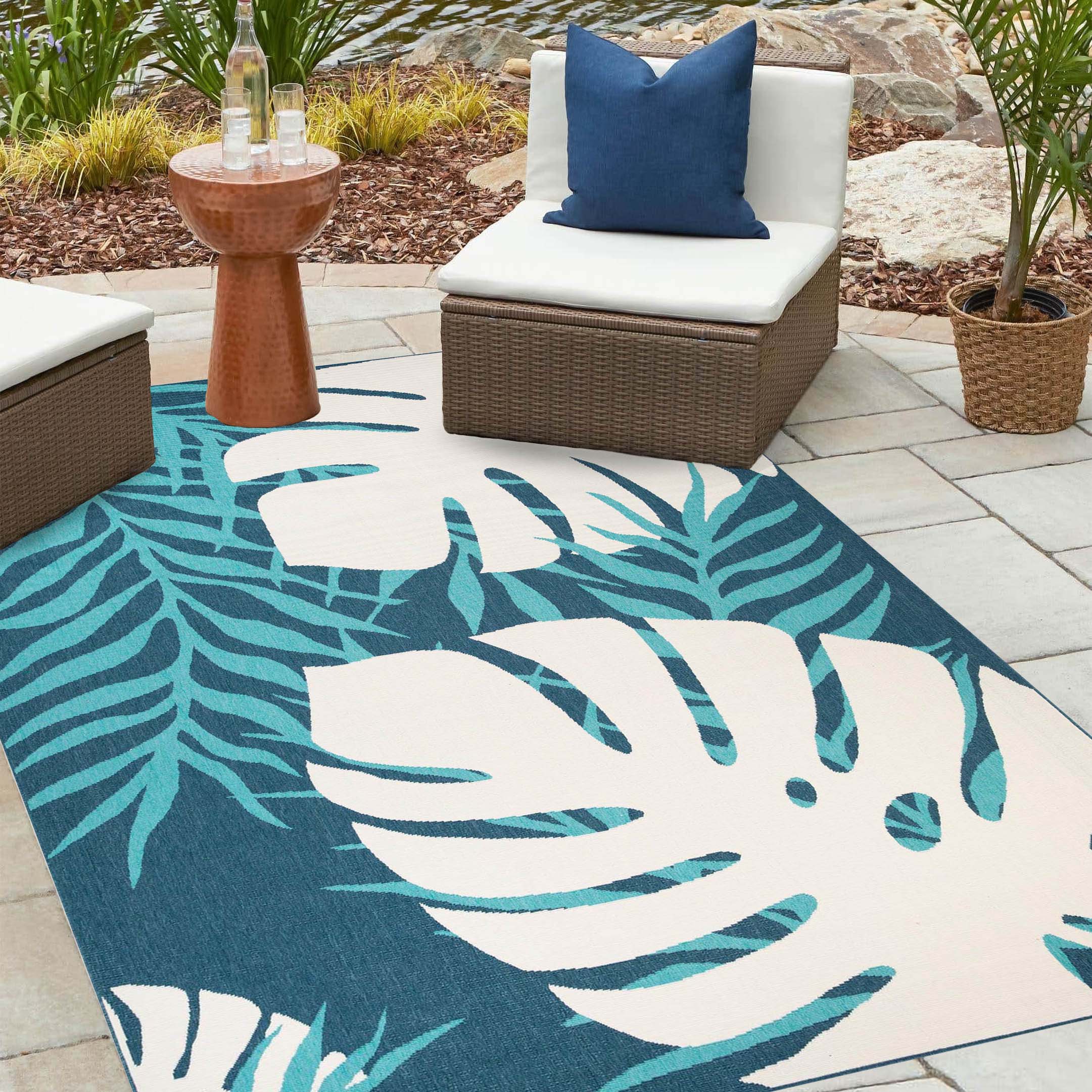 Waikiki Oversized Tropical Leaves Coastal Indoor Outdoor Area Rug - Soft & Durable for Living Room, Bedroom, Patio, Beach House Decor