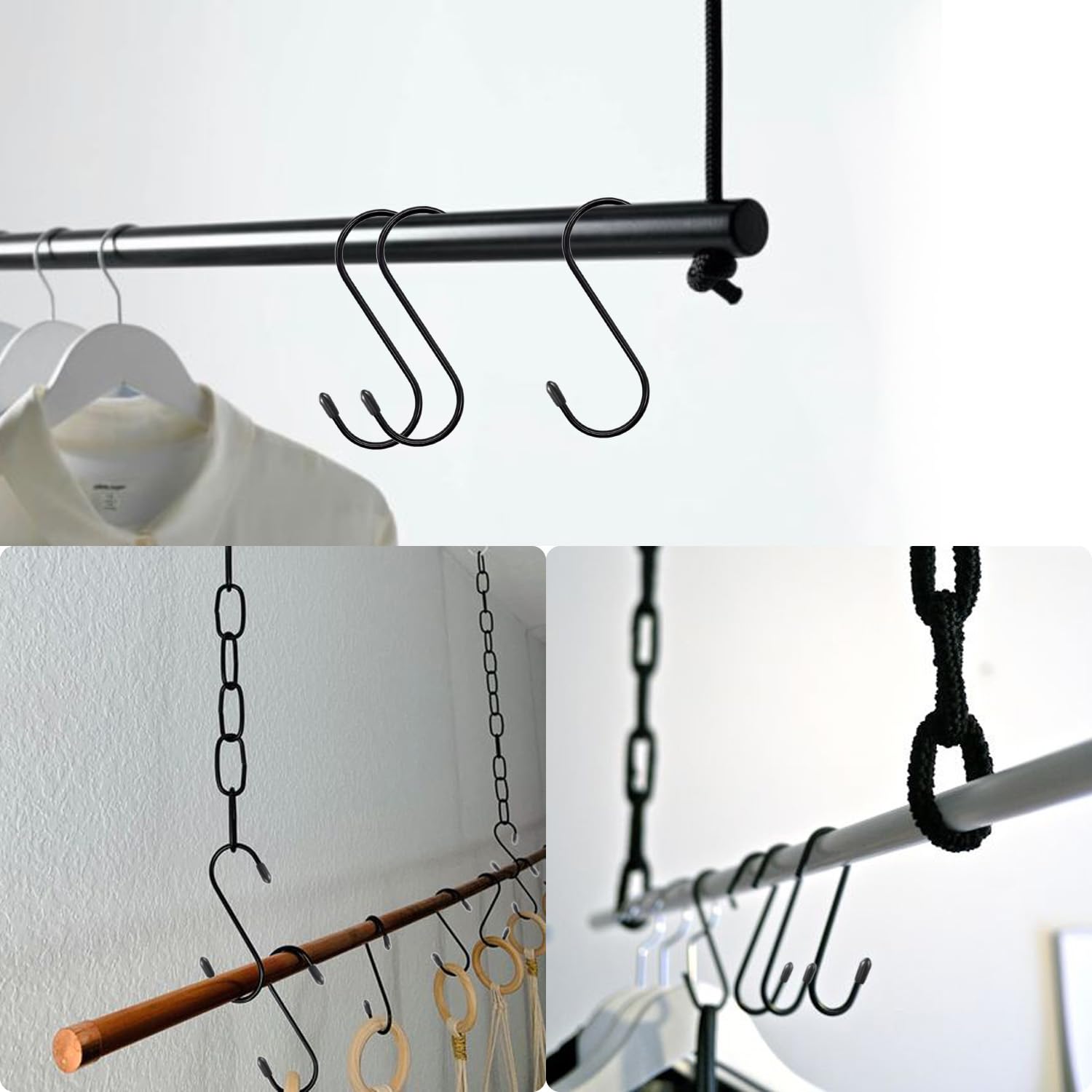 4.3 Inch Heavy Duty S Hooks - 20 Pack Black Metal Hanging Hooks for Plants, Curtains, Wardrobe, Kitchen & Home Organization - Ideal for Hanging Plants, Towels, Pans, Cups & Jeans Storage
