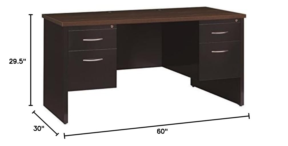 Pemberly Row Double Pedestal Metal Desk with Arch Pull Handles - Black/Walnut Finish for Home Office, Study Room & Workspace