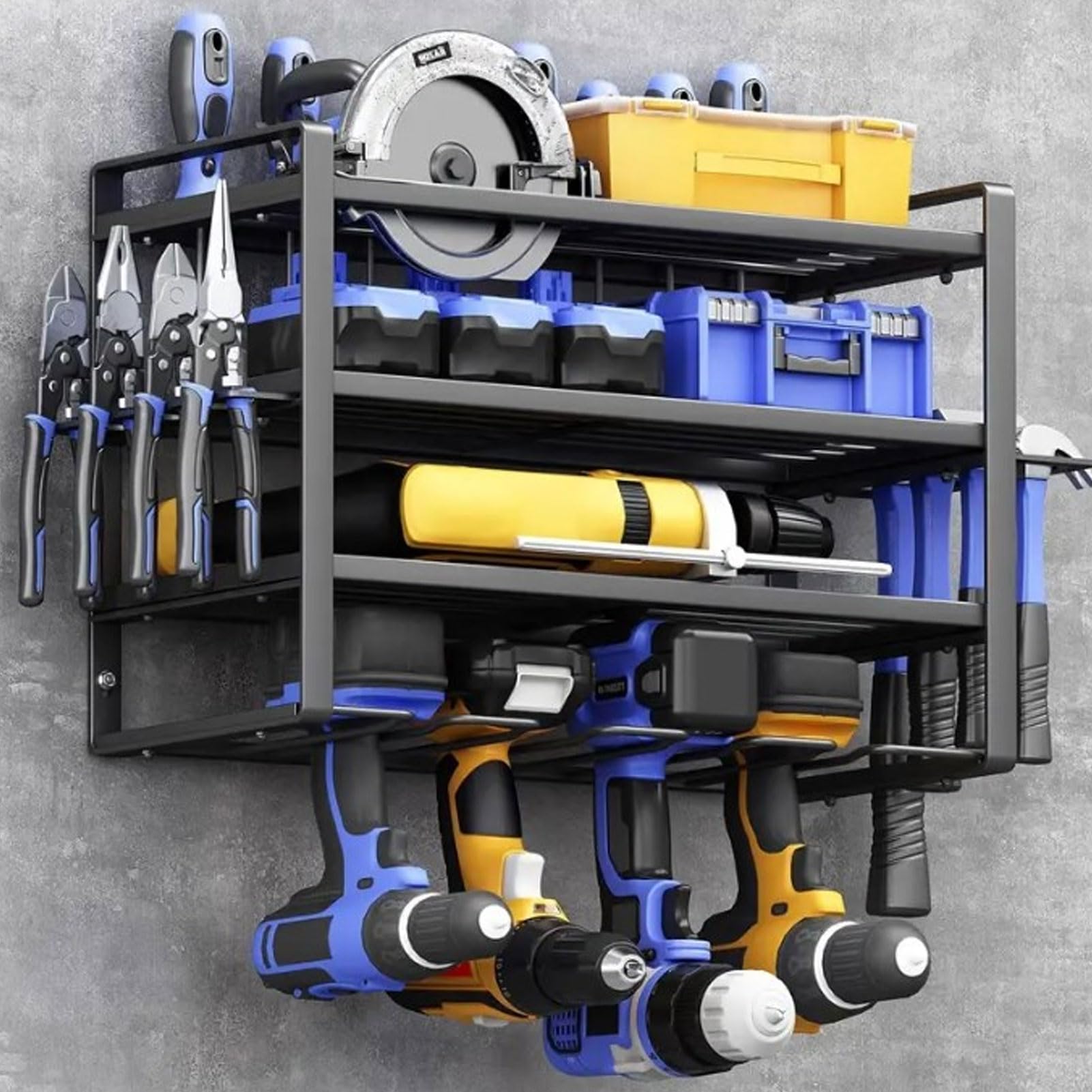 Heavy Duty Wall Mount Power Tool Organizer - 4 Layer Drill Holder & Storage Rack with Nut Screw for Cordless Drills | Garage Workshop Tool Organization Solution