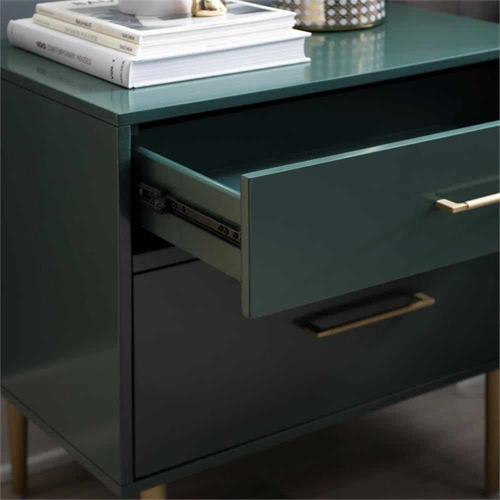 Linon Dylan Dark Green Wood Nightstand with 2 Drawers & Gold Accents - Modern Bedside Table for Bedroom, Guest Room or Dorm (18.5