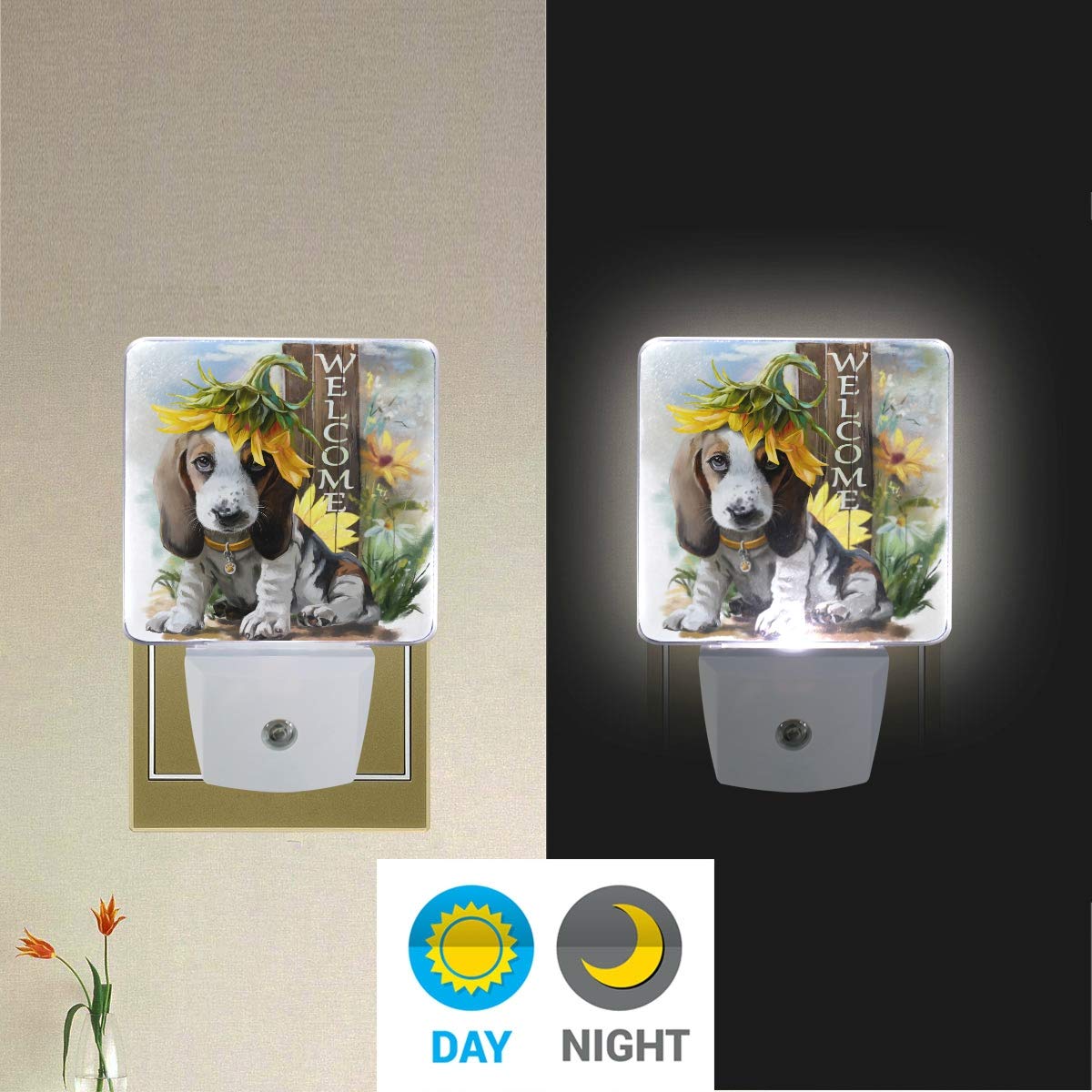 Vikko Welcome Sunny The Beagle Dog Sunflower Night Light Plug in 2 Pack - LED Dusk to Dawn Sensor Nightlight for Kids & Adults - Perfect for Bedroom, Living Room, Hallway Decor - Creates Cozy Ambiance for Nurseries, Bathrooms & Home Offices